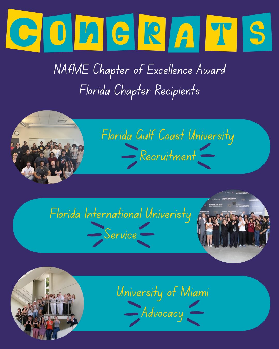 We are pleased to announce three Florida NAfME Collegiate chapters as the recipients of the 2025-2026 NAfME Collegiate Recognition Awards:
Chapter of Excellence Awards:
Florida Gulf Coast University – Recruitment
Florida International University – Service
University of Miami – Advocacy
Professional Achievement Award:
Jordan Mash - Florida International University
Congratulations on all of your hard work and dedication!