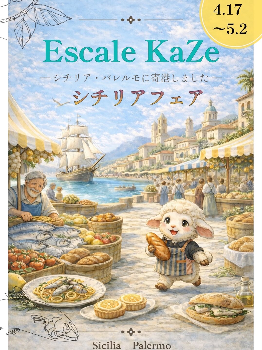 【KaZeの帆船が地中海を旅します】
明日4/17(金)〜5/2(土)シチリアフェア開催!
フランスの港を母港として出発した帆船が地中海を渡り
2〜3週間ごとに世界の港に寄港します
/
第1寄港地は、シチリアのパレルモ⚓️
\
太陽、海、塩、レモン、イワシ、小麦…
庶民的で活気あふれる港町です!
🍴シチリアフェアスペシャルランチメニュー
・鶏肉のアグラッサート 1,350円(税込)
アグラッサートはシチリアの伝統的な肉と野菜の赤ワイン煮込み料理、バターライスまたは自家製パンのワンプレートでご提供!
・パスタ・コン・レ・サルデ 1,350円(税込)
パレルモを代表する伝統パスタ。漁師たちが港で食べてきた料理です,イワシ・野生のフェンネル・松の実・レーズン・サフラン・アンチョビ・仕上げのパン粉で作ります!
KaZeの自家製生パスタでご提供!
シチリアといえばレモンと海塩。
トラーパニの塩田とシチリアのレモンをイメージしたパンや港町で食べられてきたボリュームあるサンド、ケーキも続々と発売いたします!
さらに!!!
ランチご利用のお客様、食後にケーキ10%オフ
お見逃しなく!
本場の味をKaZeでご堪能くださいませ♪
#FarineetvinKaZe
#綾瀬パン屋
#シチリ
