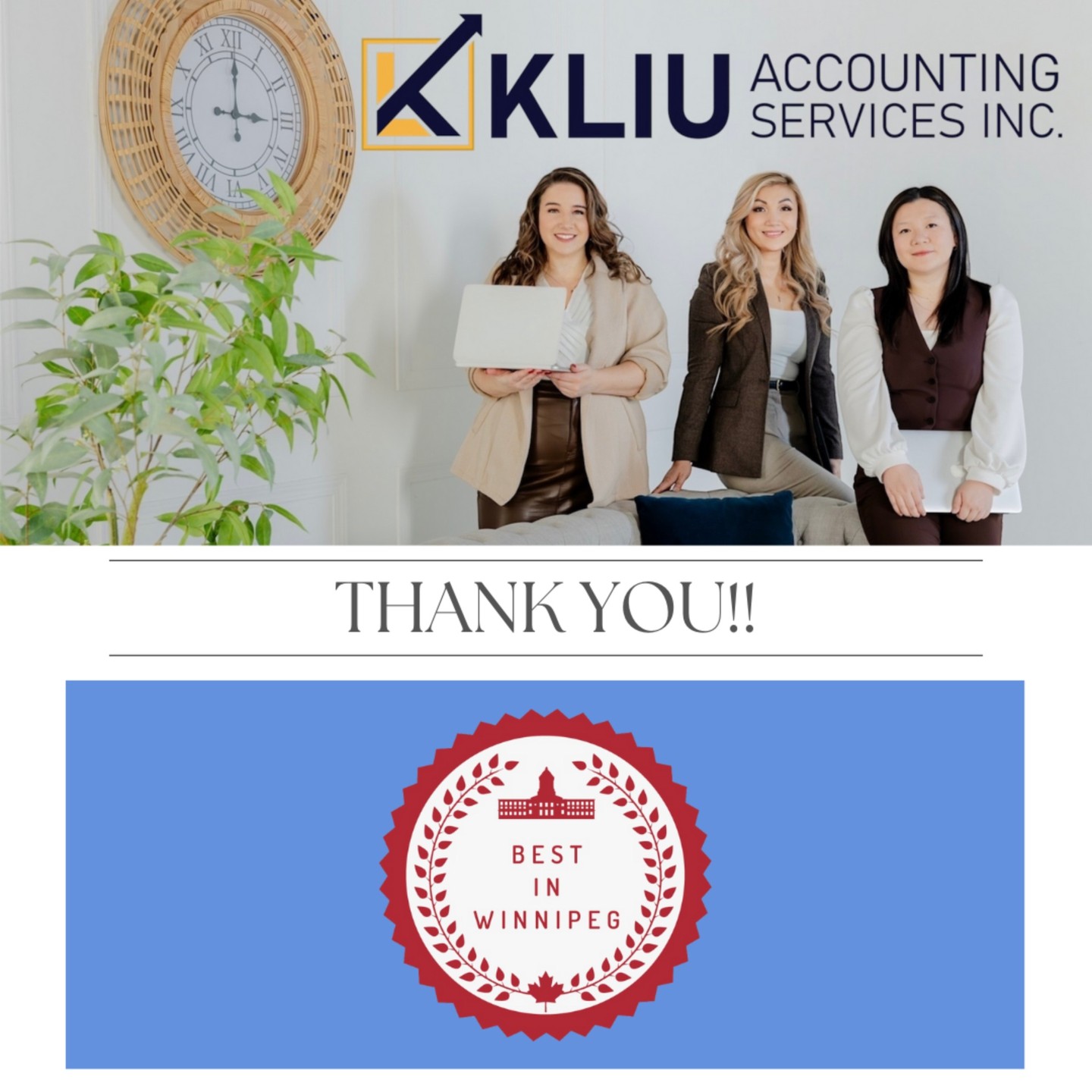 ๐ Drumroll, please! ๐ We're thrilled to announce that K Liu Accounting Services has secured a prestigious spot among the TOP 5 Tax Consultants in Winnipeg! ๐๐ผ
๐ Heartfelt THANKS to our amazing clients! ๐ Your trust and collaboration have propelled K Liu Accounting Services into the elite ranks of TOP Tax Consultants in Winnipeg! ๐๐ผ. ๐โจ Uncover why we're your trusted partners in tax consultation and excellence โก๏ธ https://www.bestinwinnipeg.com/top-tax-consultants-winnipeg/
*If link does not work, please copy and paste link in your web browser.
CONTACT US today to learn more about our Services or Schedule A Call with one of our Tax & Accounting Specialists on our website (CHECK OUT OUR LINK-IN BIO)
#Bookkeeping #Accounting #SmallBusiness #Winnipegaccountant #Manitobabookkeeper #Manitobaaccountant #accountingservices #bookkeepingservice #CPA #ExploreMB #OnlyInThePeg #smallbusinessaccountant #SmallBusinessSupport #TaxAdvice #taxprofessional #taxspecialist #WinnipegAccountant #winnipegsmallbusiness