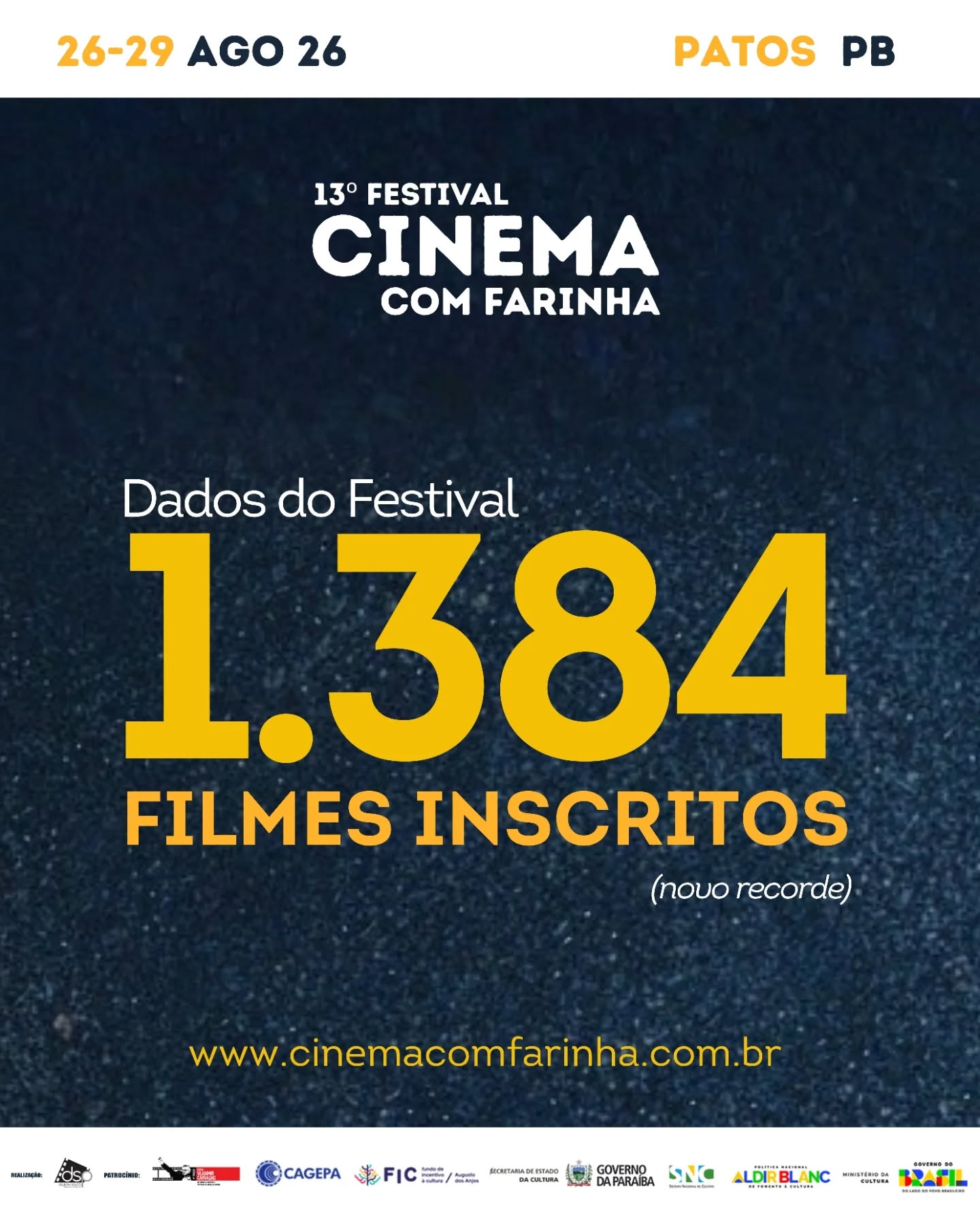 🎬 RECORDE DE INSCRIÇÕES!!!
O 13º Festival Cinema com Farinha recebeu 1.384 filmes inscritos. É um recorde histórico que reafirma a força e a diversidade do audiovisual independente.
Nosso muito obrigado a todas as pessoas que se inscreveram e acreditam na potência do festival.
Agora iniciamos o processo de curadoria, e em julho divulgaremos os filmes selecionados.
Spoiler: vem uma edição inesquecível por aí.
#CinemaComFarinha #FestivalDeCinema #PatosPB #Audiovisual