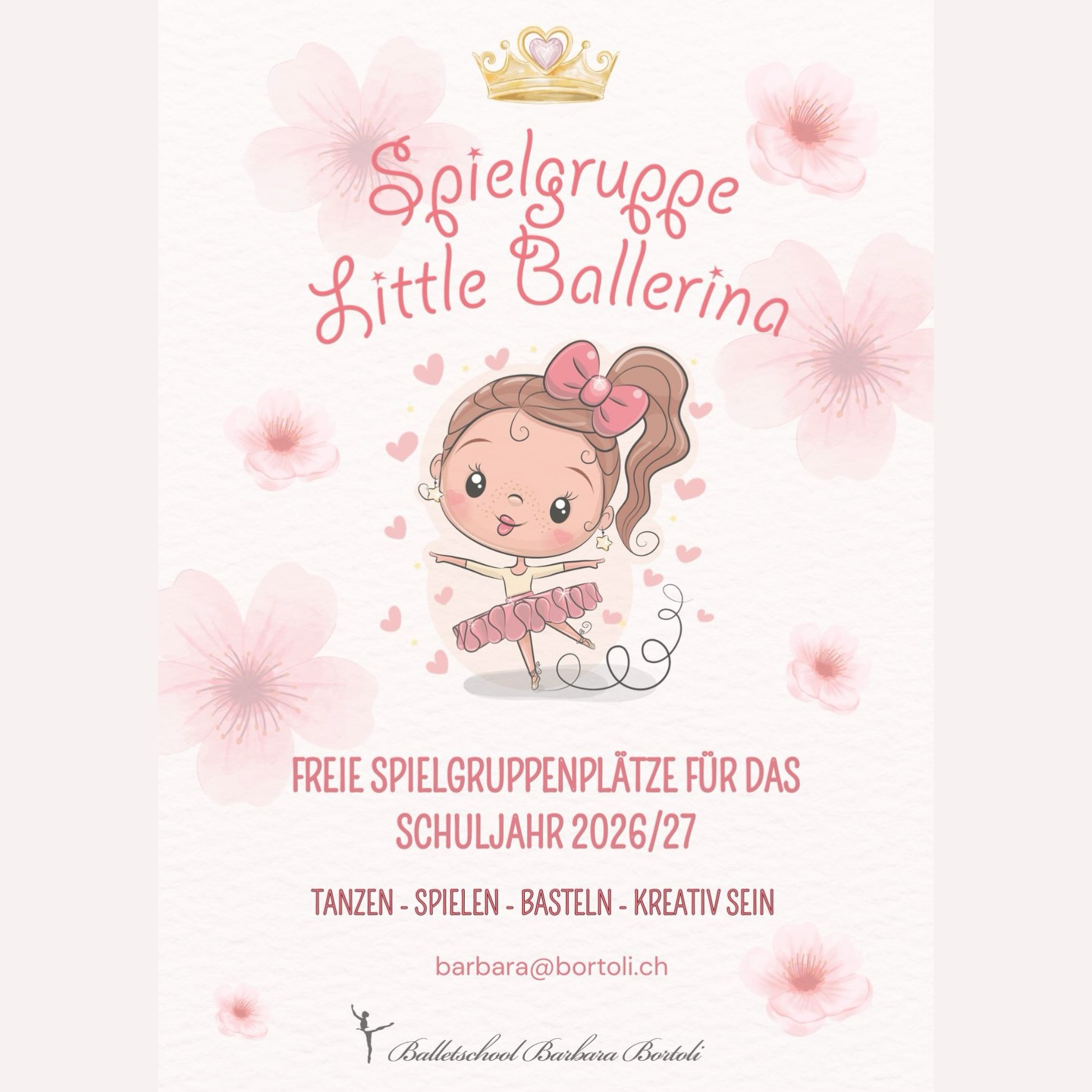 Start ins letzte Quartal des Schuljahres 🌸
Auch für unsere jüngsten Ballerinas beginnt wieder der Tanzalltag ❣️
Ab sofort können bewegungsfreudige Tanzfüsschen in unserer Spielgruppe Little Ballerina schnuppern!
Mit viel Freude an Bewegung, Musik und Fantasie entdecken die Kleinsten spielerisch die Welt des Tanzes 🩰
Jetzt unverbindlich einen Schnuppertermin vereinbaren 💕
und bereits für das Schuljahr 2026/27 anmelden
Für Kinder ab 2.5 Jahren bis zum Kindergarteneintritt 😌
#littleballerina #spielgruppe #balletschoolbarbarabortoli #tanzen #spielen
Balletschool Barbara Bortoli
Bahnhofstrasse 5
3427 Utzenstorf