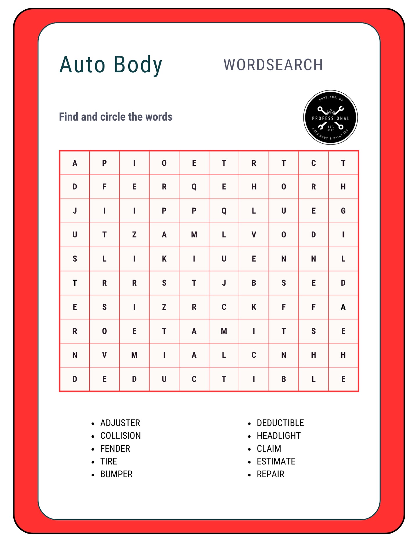 🧩 Think you’ve got a sharp eye?
🧠 Let’s put it to the test.
We put together a fun Auto Body Word Search 🛠️
See how many words you can find 👀
Drop your score in the comments ⬇️
(Tag someone who needs a challenge)
—
At Professional Auto Body & Paint, we’ve been serving Portland and surrounding communities since 1997. Family owned, locally rooted, and here for you—not a franchise, not corporate ❌
We don’t just repair vehicles.
We help you navigate your insurance claim, advocate for proper repairs, and make sure the job is done right ✅
If you ever need guidance or repairs, we’ve got your back 💯
📍 Northeast Portland
🌲 Local.
💃🏻 Independent.
📞 Here to help.
#wordsearch
#crosswords
#brainfood
#words
#gamechallenge