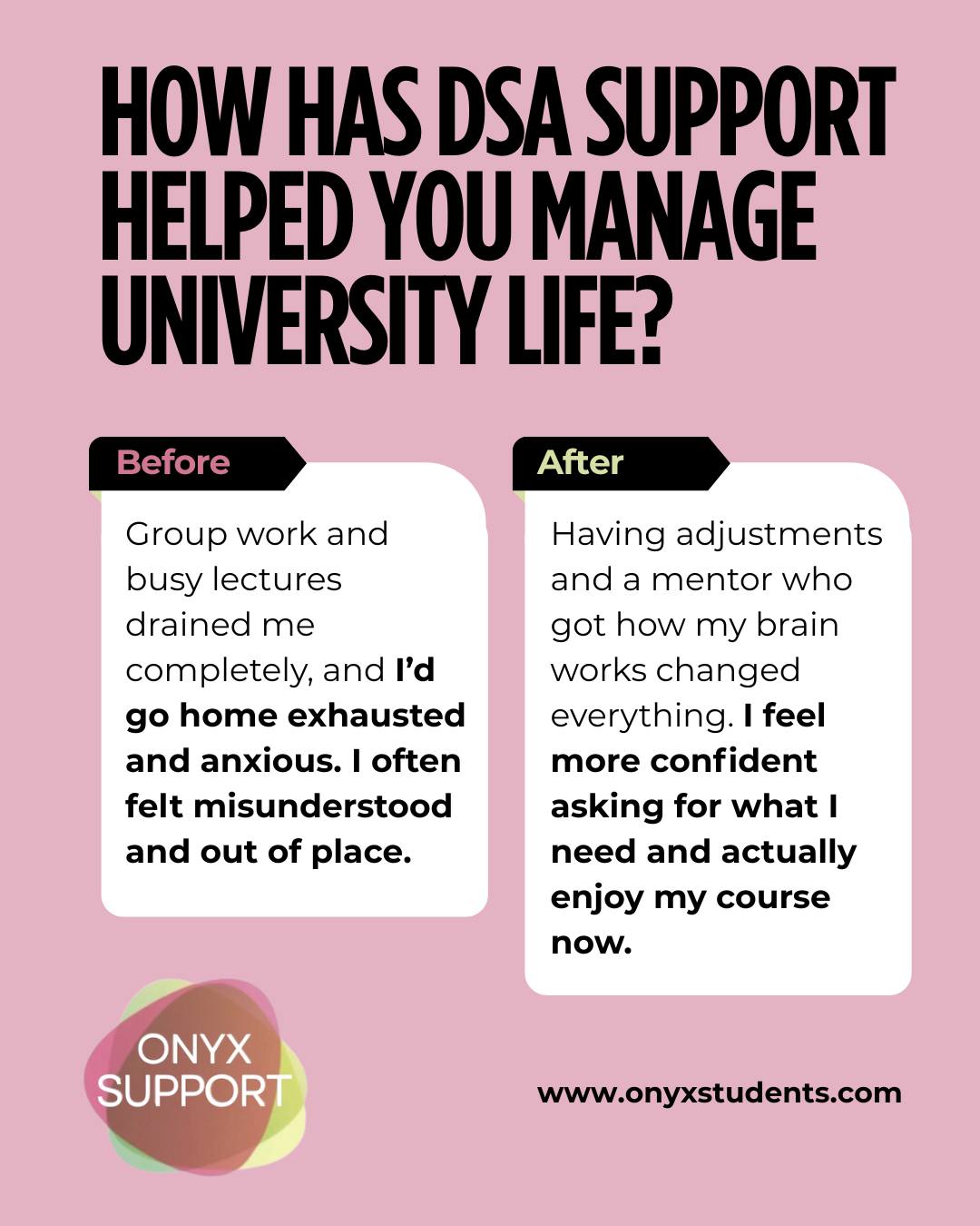 How has DSA support helped you manage university life?
Here’s what students say ✨
If you’re struggling without support, it’s not your fault — help is available.
To check if you’re eligible, visit: https://www.gov.uk/disabled-students-allowance-dsa
Got your DSA2 funding letter? Next step: contact your approved support suppliers to set everything up — they won’t be notified until you do.
#DSASupport #DisabledStudents #HigherEducation #OnyxStudentSupport