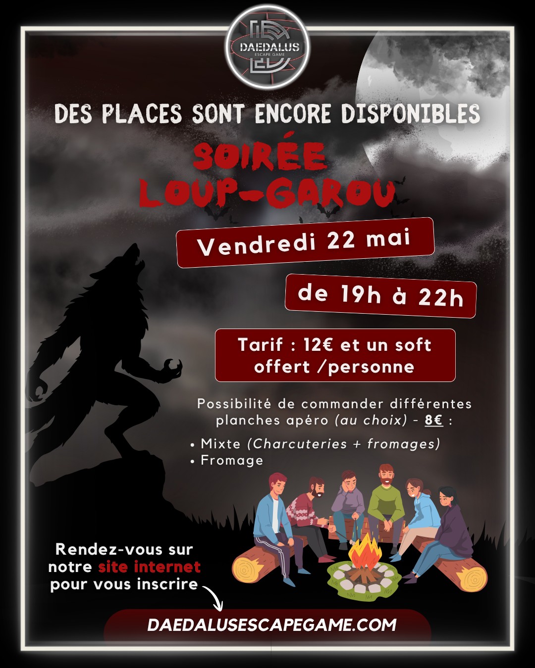 🐺🌙 𝗦𝗼𝗶𝗿𝗲́𝗲 𝗟𝗼𝘂𝗽-𝗚𝗮𝗿𝗼𝘂 🌙🐺
Des places sont encore disponibles ! Alors, rendez-vous le 𝘃𝗲𝗻𝗱𝗿𝗲𝗱𝗶 𝟮𝟮 𝗺𝗮𝗶 de 𝟭𝟵𝗵 𝗮̀ 𝟮𝟮𝗵 pour une soirée pleine de bluff, de stratégie et de fous rire autour du célèbre jeu 𝗟𝗼𝘂𝗽-𝗚𝗮𝗿𝗼𝘂.
Tarif : 𝟭𝟮€ /𝗽𝗲𝗿𝘀𝗼𝗻𝗻𝗲 + 𝟭 𝘀𝗼𝗳𝘁 𝗼𝗳𝗳𝗲𝗿𝘁 🥤
🥖 Possibilité de 𝗰𝗼𝗺𝗺𝗮𝗻𝗱𝗲𝗿 𝗱𝗲𝘀 𝗽𝗹𝗮𝗻𝗰𝗵𝗲𝘀 𝗮𝗽𝗲́𝗿𝗶𝘁𝗶𝘃𝗲𝘀 pour accompagner la soirée (⚠️ 𝗮𝘁𝘁𝗲𝗻𝘁𝗶𝗼𝗻, 𝗿𝗲́𝘀𝗲𝗿𝘃𝗮𝗯𝗹𝗲𝘀 𝗷𝘂𝘀𝗾𝘂'𝗮̀ 𝟳𝟮𝗵 𝗮𝘃𝗮𝗻𝘁 𝗹'𝗲́𝘃𝗲̀𝗻𝗲𝗺𝗲𝗻𝘁)
On vous attend nombreux pour tenter de démasquer les loups.. ou devenir le plus redoutable d'entre eux 👀
𝗥𝗲𝗻𝗱𝗲𝘇-𝘃𝗼𝘂𝘀 𝘀𝘂𝗿 𝗻𝗼𝘁𝗿𝗲 𝘀𝗶𝘁𝗲 𝗶𝗻𝘁𝗲𝗿𝗻𝗲𝘁 𝗽𝗼𝘂𝗿 𝘃𝗼𝘂𝘀 𝗶𝗻𝘀𝗰𝗿𝗶𝗿𝗲 ⵑ
__________________
🌐 https://f.mtr.cool/popuuxnfdb
📱 0633447032
☎️ 0984483171
#escape #escapegame #escaperoom #parcours #loisirs #jeu #jeux #blois #loiretcher #famille #amis #ami #barajeux #loire #jeudesociete #valdeloire #chateaudelaloire #loireavelo #bloismaville #valducher #sologne #vendome #sortiren41 #bloischambord #bloiscity #maisondelamagie #visiteblois #bloistourisme #soirée