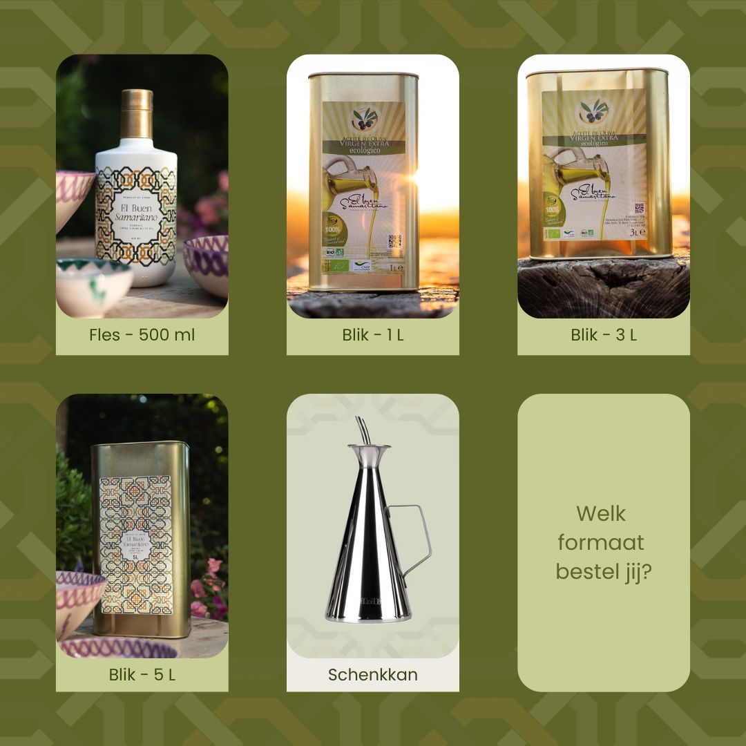 𝗪𝗮𝘁 𝗯𝗲𝘀𝘁𝗲𝗹 𝗷𝗶𝗷? 🫒 Onze ecologische extra vierge olijfolie is verkrijgbaar in verschillende verpakkingen. Precies wat bij jouw gebruik past!
𝗚𝗮 𝗷𝗲 𝘃𝗼𝗼𝗿 𝗱𝗲 𝟱𝟬𝟬 𝗺𝗹? Dan ontvang je een stijlvolle glazen fles met handige schenkdop.�Liever groter inslaan? Kies voor 𝟭, 𝟯 𝗼𝗳 𝟱 𝗹𝗶𝘁𝗲𝗿 𝗶𝗻 𝗯𝗹𝗶𝗸 – perfect in combinatie met een handige schenkkan (ja, die hebben we ook 😉).
Of je olijfolie af en toe gebruikt of elke dag: kies het formaat dat bij jou past en zorg dat je nooit zonder zit! 💚
#extraviergeolijfolie #ecologisch #spanje #picual
//
¿𝗤𝘂é 𝘃𝗮𝘀 𝗮 𝗽𝗲𝗱𝗶𝗿? 🫒 Nuestro aceite de oliva virgen extra ecológico está disponible en diferentes envases. ¡Justo el que mejor se adapta a tus necesidades!
¿𝗧𝗲 𝗱𝗲𝗰𝗮𝗻𝘁𝗮𝘀 𝗽𝗼𝗿 𝗲𝗹 𝗱𝗲 𝟱𝟬𝟬 𝗺𝗹? Entonces recibirás una elegante botella de cristal con un práctico tapón dosificador. ¿Prefieres comprar más cantidad? Elige el de 𝟭, 𝟯 𝗼 𝟱 𝗹𝗶𝘁𝗿𝗼𝘀 𝗲𝗻 𝗹𝗮𝘁𝗮, perfecto para combinar con una práctica aceitera (sí, también las tenemos 😉).
Tanto si lo usas de vez en cuando como si estás todos los días en la cocina: ¡elige el formato que más te convenga y asegúrate de no quedarte nunca sin él! 💚
#aceitedeolivavirgenextra #ecológico #españa #picual