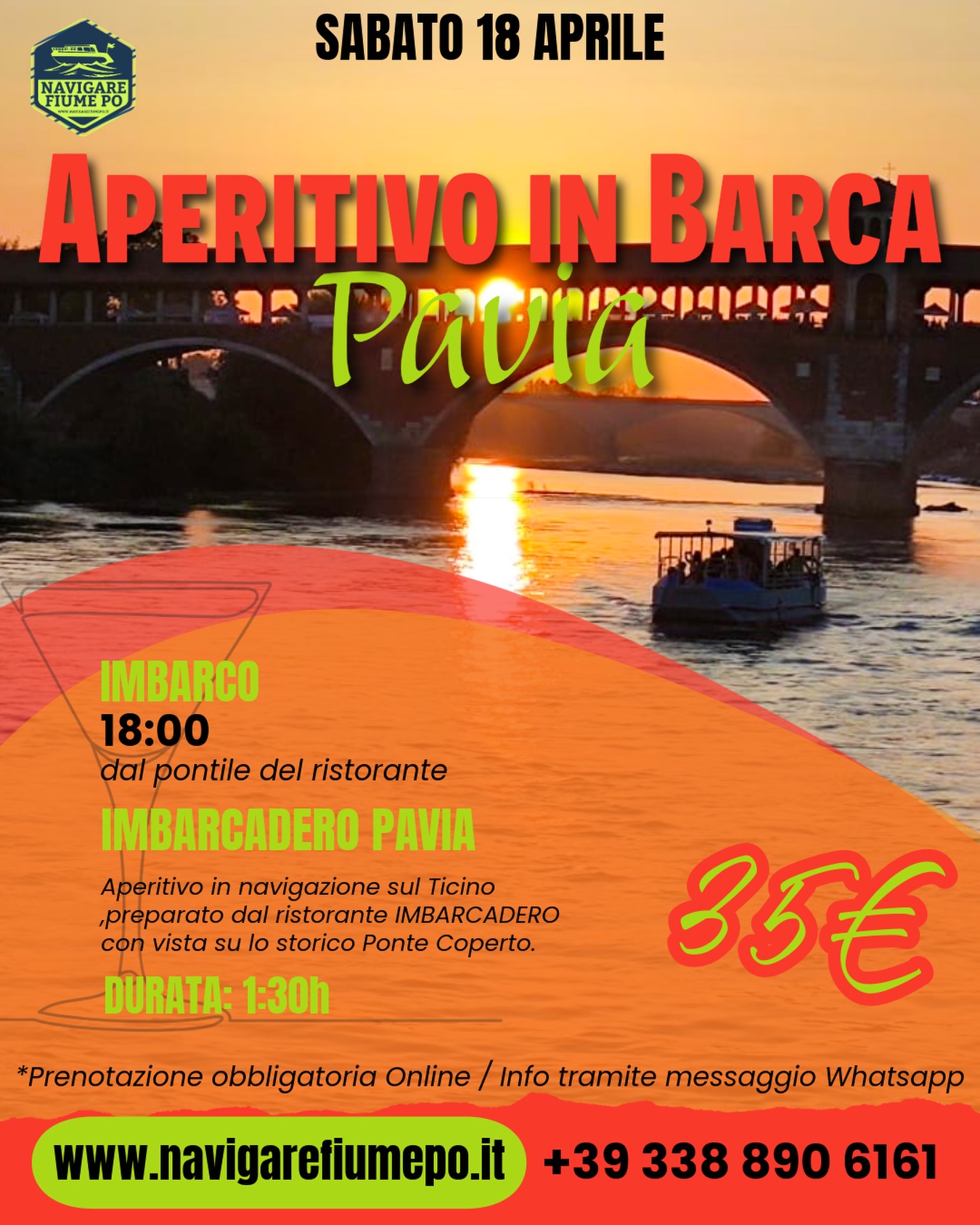 𝐀𝐏𝐄𝐑𝐈𝐓𝐈𝐕𝐎 𝐈𝐍 𝐁𝐀𝐑𝐂𝐀 𝐒𝐔𝐋 𝐓𝐈𝐂𝐈𝐍𝐎 𝐀 𝐏𝐀𝐕𝐈𝐀 ⛴️🌅🥂
Sullo sfondo del meraviglioso Ponte Coperto di Pavia al tramonto, navigheremo sul Ticino fino a raggiungere il punto perfetto dove gustare un ricco aperitivo preparato dal Ristorante Imbarcadero 🍽️🌉✨
📍 Imbarco dal pontile del Ristorante @imbarcadero_pavia Pavia
Imbarco: ore 18:00
Durata: 1h 30min
🎟️ Prenotazione obbligatoria!
👉 𝘄𝘄𝘄.𝗻𝗮𝘃𝗶𝗴𝗮𝗿𝗲𝗳𝗶𝘂𝗺𝗲𝗽𝗼.𝗶𝘁
#Pavia #VisitPavia #AperitivoInBarca #AperitivoAlTramonto #PonteCopertoPavia