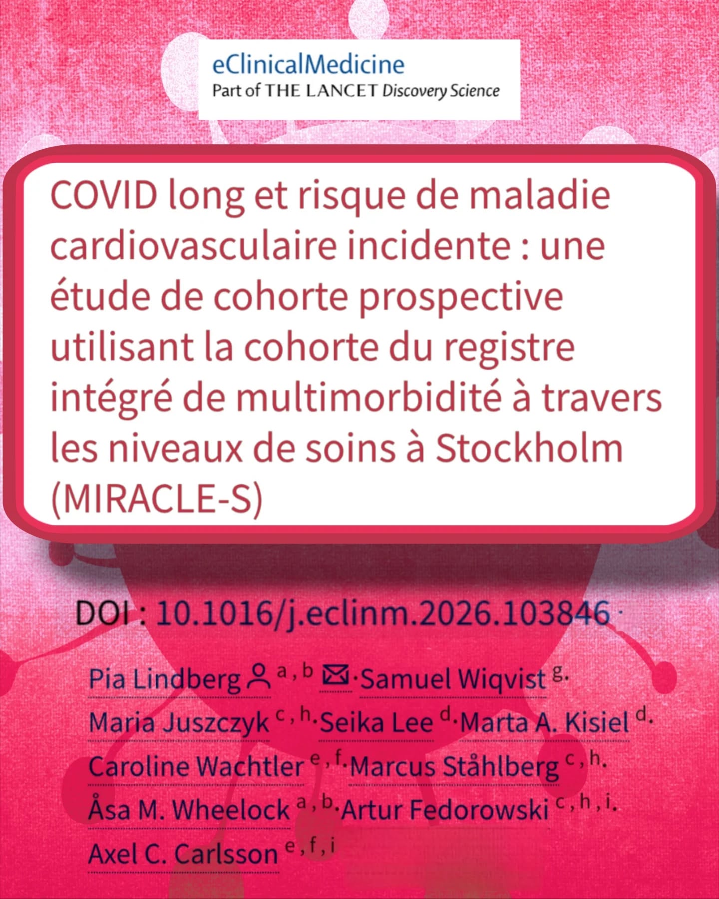 đ§”đNouvelle Ă©tude sur le #CovidLong et le risque cardiovasculaire
đUne large cohorte suĂ©doise (1,2 million de personnes) apporte des donnĂ©es solides sur les complications cardiaques aprĂšs un Covid, mĂȘme non hospitalisĂ©.
Ătude menĂ©e par l' @karolinskainstitutet , SuĂšde
đŻObjectif
Ăvaluer si les personnes avec Covid long ont un risque accru de maladies cardiovasculaires (infarctus, arythmies, insuffisance cardiaque, AVCâŠ).
đFocus important : patients NON hospitalisĂ©s (formes initiales lĂ©gĂšres Ă modĂ©rĂ©es).
đ„ Population
âą1,2 million dâindividus
âą~9000 avec Covid long
âą66% de femmes
âąSans maladie cardiovasculaire prĂ©alable
Données issues de registres médicaux (diagnostics posés par médecins).
â ïžRĂ©sultat principal
Le Covid long est associé à un RISQUE accru de maladies cardiovasculaires.
đIncidence :
âąFemmes : 18,2% vs 8,4%
âąHommes : 20,6% vs 11,1%
đRisque relatif (ajustĂ©)
âąFemmes : x2,06
âąHommes : x1,33
âĄïžLe risque est significativement augmentĂ©, surtout chez les femmes.
đ«Les complications les plus marquĂ©es
đŽArythmies :
âąFemmes x3,11
âąHommes x1,61
đŽMaladie coronarienne : Augmentation chez les 2 sexes
âĄïž Signal trĂšs fort sur le cĆur et le rythme cardiaque.
â ïžSpĂ©cificitĂ©s chez les femmes
âąInsuffisance cardiaqueâŹïž
âąMaladie artĂ©rielle pĂ©riphĂ©riqueâŹïž
âĄïž Importance dâune approche diffĂ©renciĂ©e selon le sexe.
âčïž Pas dâassociation retrouvĂ©e
đ AVC : pas de lien significatif dans cette Ă©tude.
đ§ InterprĂ©tation
Le #CovidLong pourrait agir via :
âąInflammation chronique
âąDysfonction endothĂ©liale
âąTroubles autonomes (POTS)
âąCoagulation anormale
âĄïžDes mĂ©canismes dĂ©jĂ Ă©voquĂ©s dans la littĂ©rature.
đŁLe risque persiste sur plusieurs annĂ©es (jusquâĂ ~40 mois de suivi).
đCe nâest PAS un simple syndrome transitoire.
đ„Implications
Le Covid long doit ĂȘtre considĂ©rĂ© comme :
âĄïžun facteur de risque cardiovasculaire Ă part entiĂšre
đNĂ©cessitĂ© de :
⹠suivi médical structuré
⹠vigilance en médecine générale
⹠dépistage ciblé
âïžĂ retenir
MĂȘme aprĂšs une infection initiale lĂ©gĂšre :
đle Covid long augmente le risque cardiaque
đšUn enjeu majeur de santĂ© publique encore sous-estimĂ©.
#Santé #Cardiovasculaire #Recherche
Lien en story puis story Ă la une
