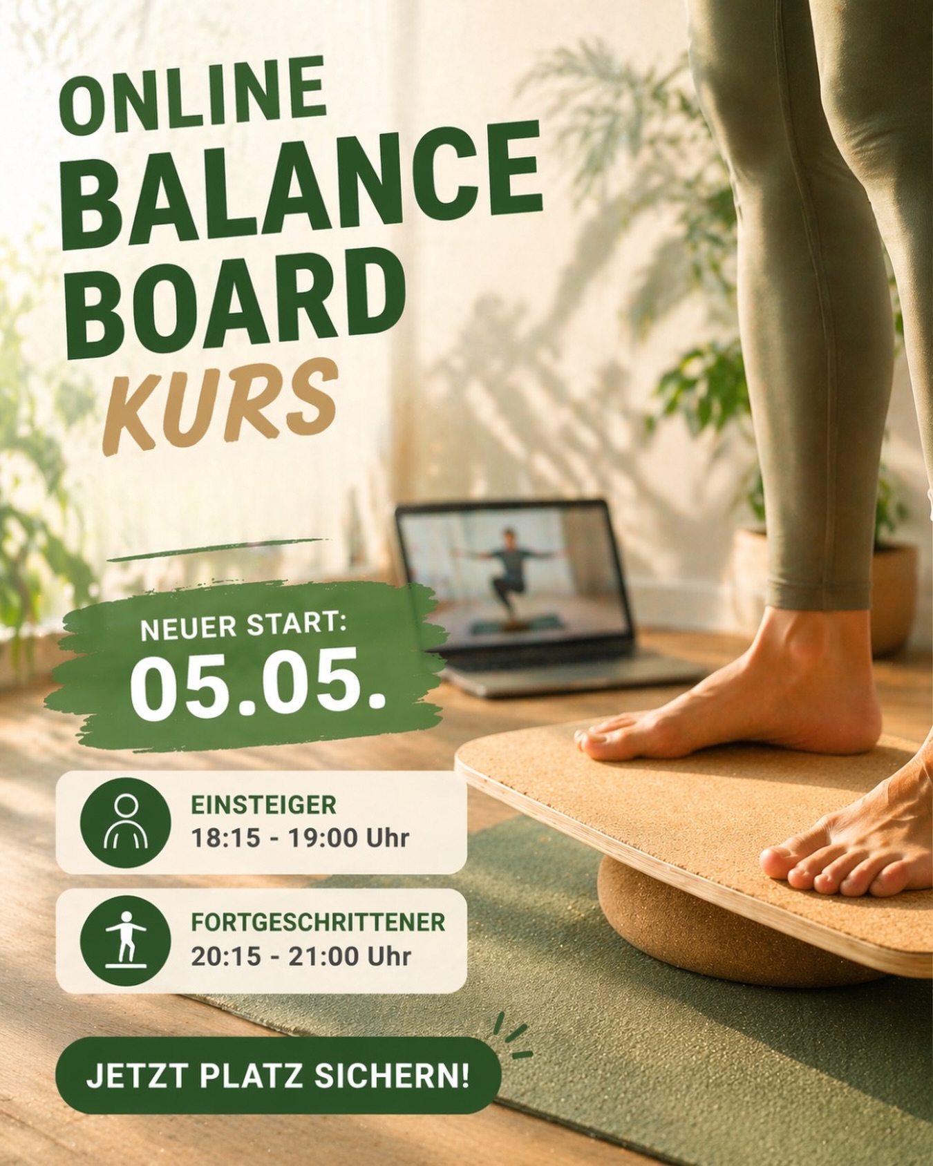 ONLINE BALANCE BOARD KURSE starten wieder!
Ab dem 05.05. geht’s zurück aufs Board 🙌
Egal ob Einsteiger oder Fortgeschritten – trainiere bequem von zuhause und verbessere dein Gleichgewicht, deine Stabilität und deine Körperspannung.
🟢 Einsteiger
18:15 – 19:00 Uhr
🟢 Fortgeschritten
20:15 – 21:00 Uhr
✅ Für jedes Level geeignet
✅ Effektives Ganzkörpertraining
✅ Mehr Balance im Alltag
✅ Spaß garantiert
📩 Jetzt Platz sichern und dabei sein!
#balanceboard #onlinekurs #gleichgewicht #coretraining #hometraining🏠🏋️