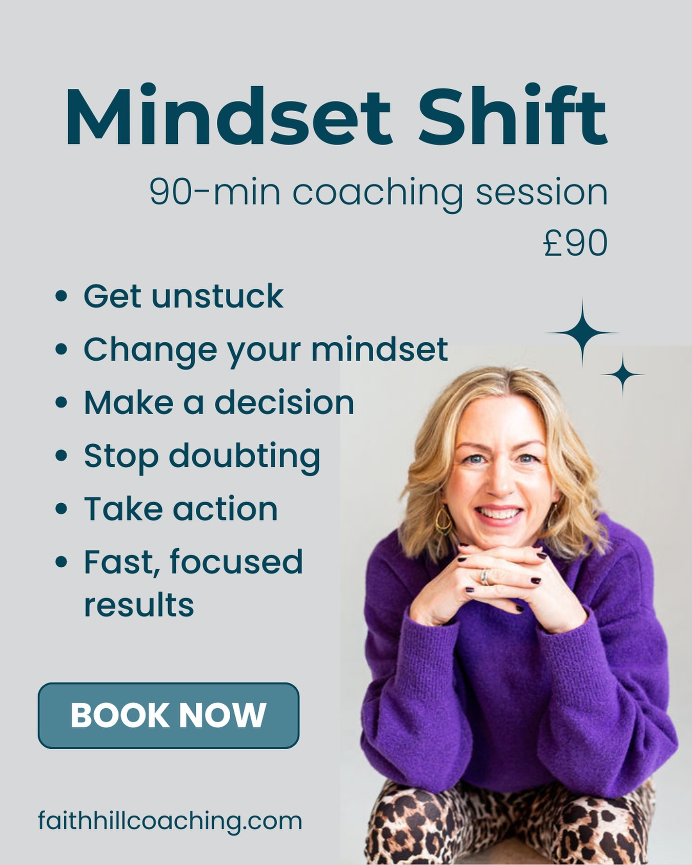 Overthinking a decision? Feeling stuck? Sometimes it’s just one powerful conversation that is all it takes.
My 90-minute strategy session is designed for exactly this; I’ll get you clear, confident and moving forward with a plan. No fluff, no faffing, no long-term commitment.
This is a fast, focused session in which we will get to the point quickly. I’ll help you identify your excuses, get round your blockages and decide there and then your next steps.
🪩 Get clear on what’s keeping you stuck
🪩 Make a decision with confidence
🪩 Leave with a simple, actionable plan
🪩 One-off; no long-term commitment
🪩 Clarity within the session
£90 · Online · One-off session
Link in bio to book or message me to chat first 💬
#lifecoach #getunstuck #mindsetcoach #NLPCoach #decisionmaking