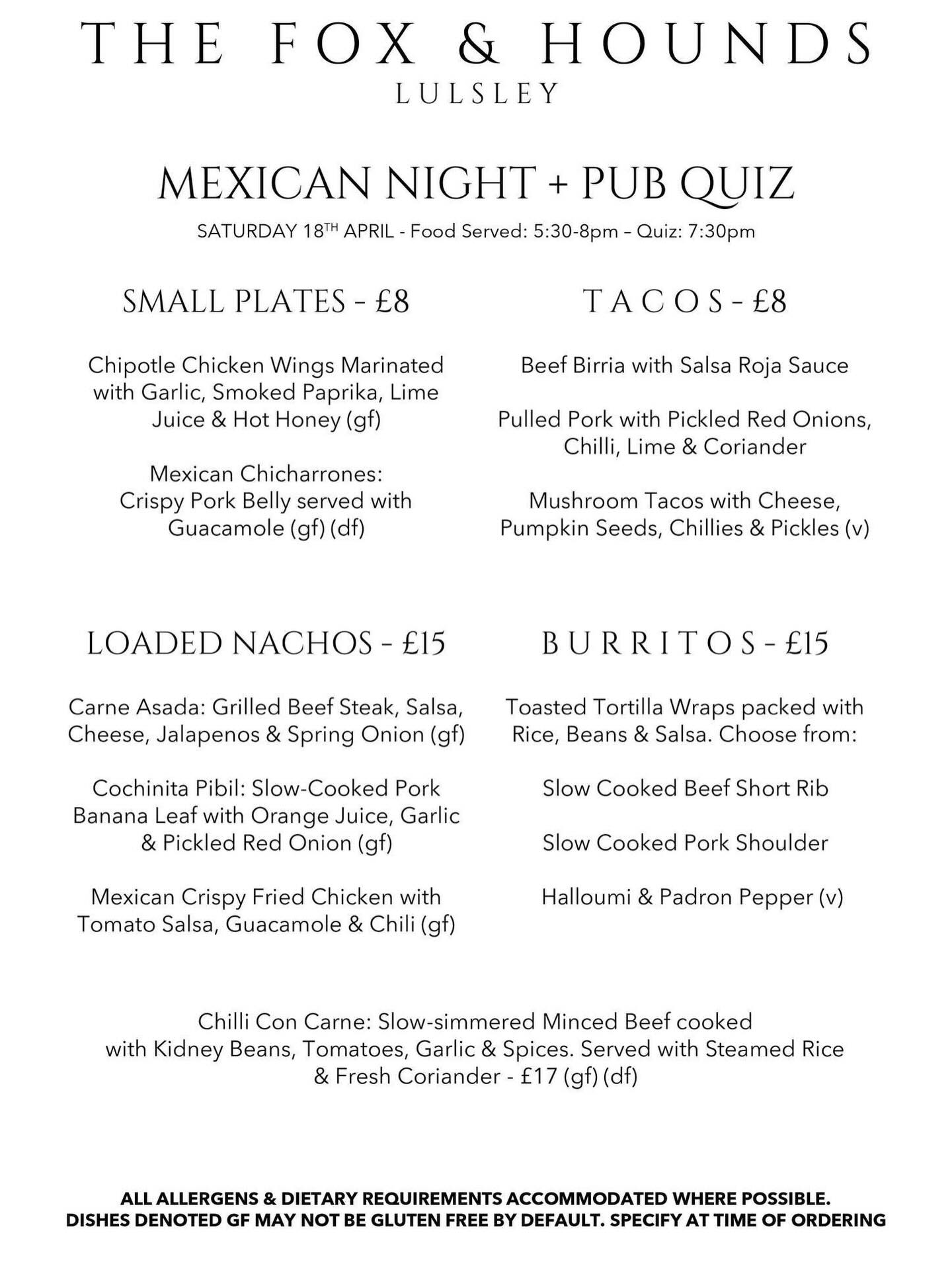🇲🇽Saturday 18th April is our Monthly PUB QUIZ! This Month we have a very special Mexican Menu serving from 5:30pm-8:00pm! Quiz starts at 7:30pm sharp. Tom will be your Host. £2pp. Teams of up to 6. All Welcome. 🇲🇽
Tables can be reserved via our website, messaging us on FB or contacting 01886 821 228 / 07581 250 722
On the hand pulls, we will have classic Bass Bitter, Theakston Peculiar IPA and Wye Valley HPA
#malvernhills #worcester
