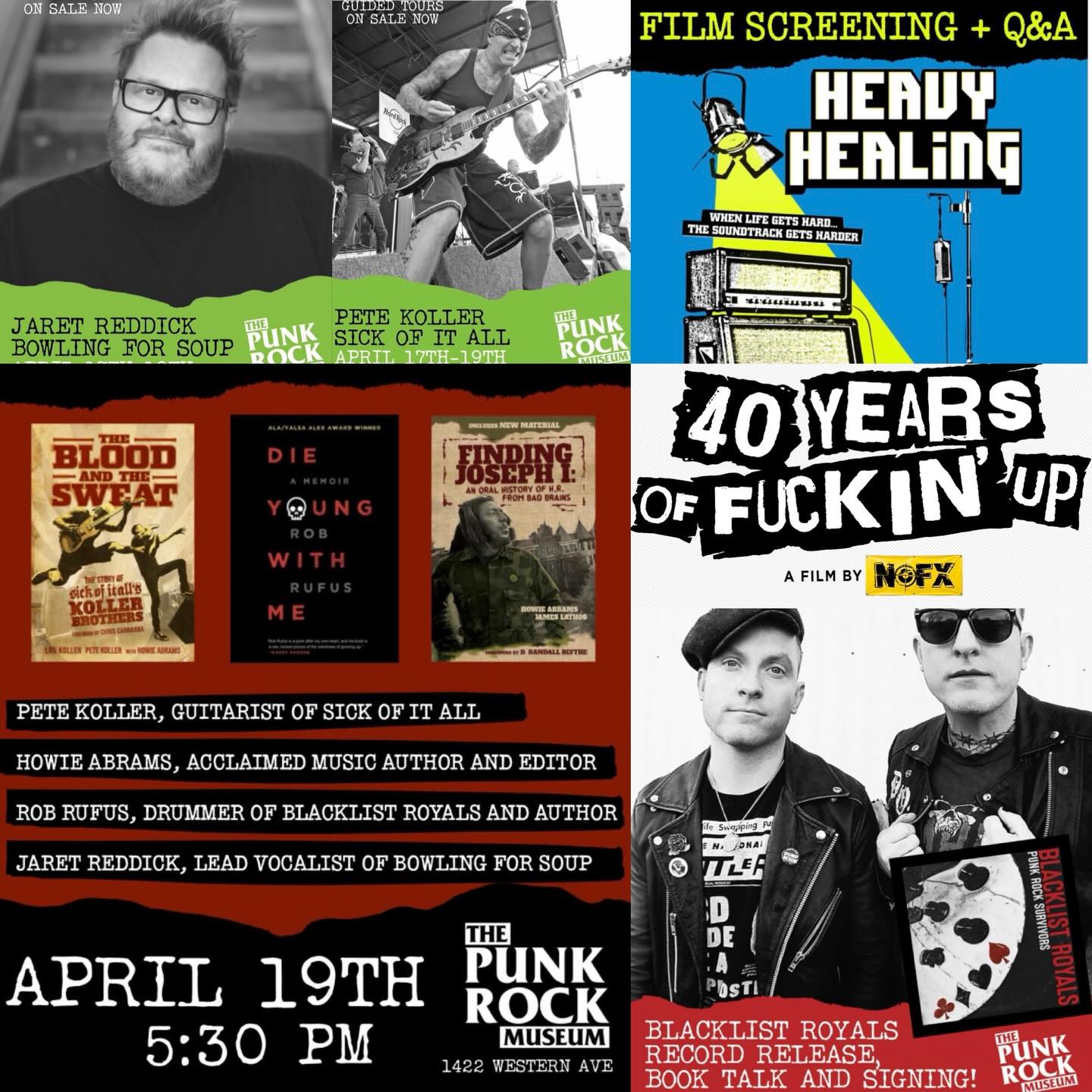 This weekend we have a lot happening at The Punk Rock Museum
April 17–19!
Get ready for an unforgettable, all-access weekend celebrating punk rock culture, music, film, comedy and the power of healing through music.
FRIDAY, APRIL 17
• Guided tours with Jaret Reddick
• Guided tour with Pete Koller
• Blacklist Royals Record Release Party
– Acoustic sets by Blacklist Royals and Jaret Reddick
SATURDAY, APRIL 18
• Guided tours with Jaret
• Guided tour with Pete
• “Heavy Healing” Film Screening at 5:30 pm and a panel discussion.
– Panel: 7–7:45 PM (featuring Rob, Howie, Pete and Jaret.
Don’t Tell Comedy show starting at 9 pm.
SUNDAY, APRIL 19
• Guided tours with Jaret
• Guided tour with Pete
• Book Roundtable Event
• NOFX Documentary Screening doors at 8:30 pm.
Three straight days of music, connection, and culture!