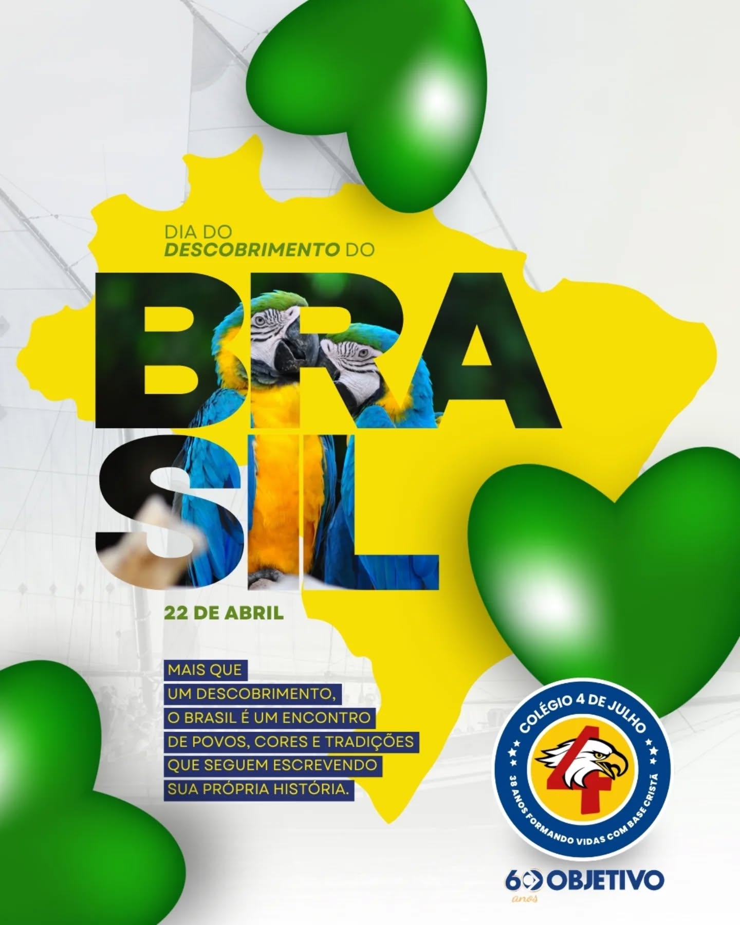 Hoje celebramos o Dia do Descobrimento do Brasil!
Mais do que uma data histórica, este é um momento para refletir sobre a riqueza cultural do nosso país — um verdadeiro encontro de povos, cores e tradições que, juntos, constroem diariamente a nossa história.
Que possamos valorizar nossas raízes, respeitar nossa diversidade e seguir escrevendo um futuro ainda mais bonito para o Brasil. 💚💛
#DescobrimentoDoBrasil #22DeAbril #CulturaBrasileira #colegio4dejulho #OrgulhoDeSerBrasileiro