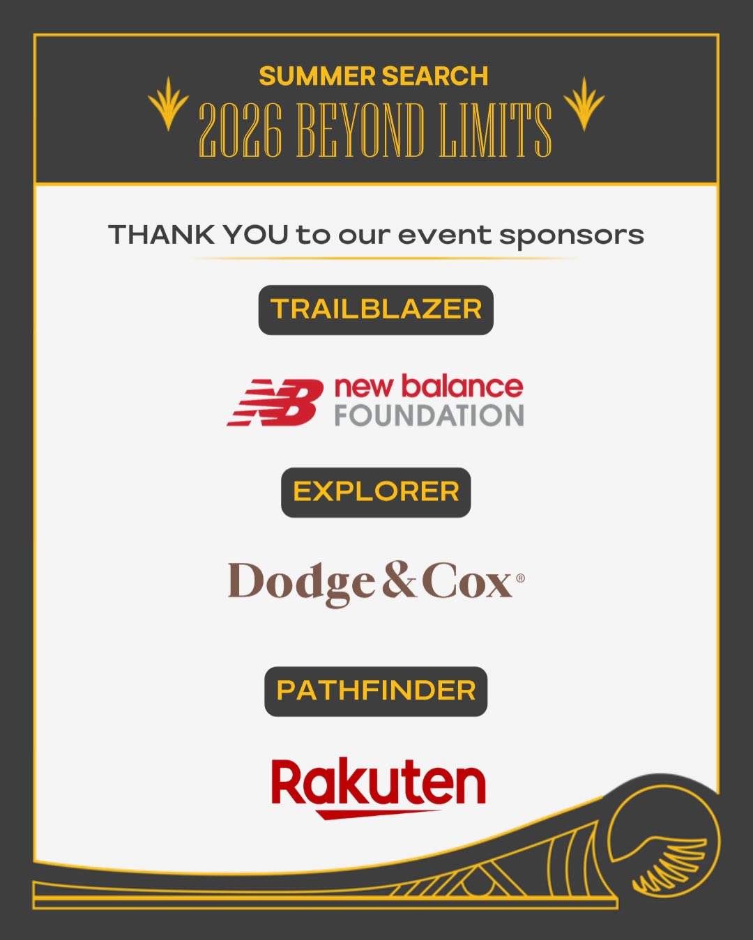We are overflowing with gratitude for our ✨incredible sponsors✨ who make it possible for us to go Beyond Limits - providing mentorship, transformative summer experiences, post-secondary advising, and long-term support for students across the Bay Area. Your investment in young people fuels opportunity, access, and lasting impact. Learn more at www.summersearch.org 💛 #BeyondLimits2026 #SummerSearch #BayArea #MentorshipMatters #SupportYoungPeople