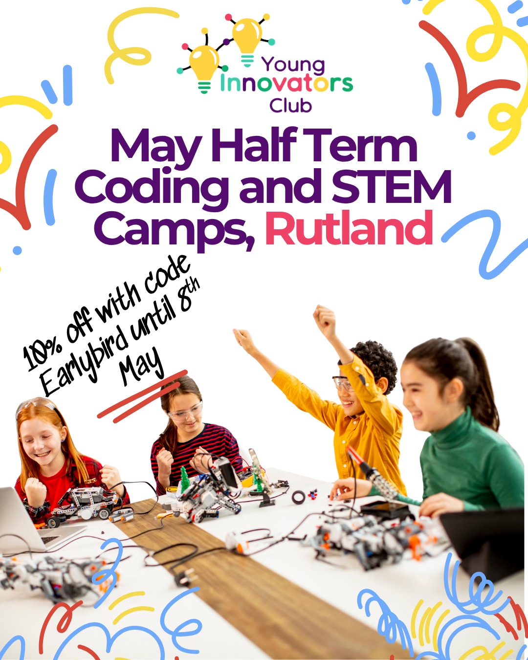 Join us during the May half term holiday at the Oakham Guide Hut for four days of coding, robotics, engineering, design, and creativity!
- 10am-4pm (9am-5pm extended hours, available for an extra £5)
- 10% discount running until 8th May
- Run by a fully qualified, experienced teacher, and teaching assistant
Places sell out fast, so please do book early to avoid disappointment.