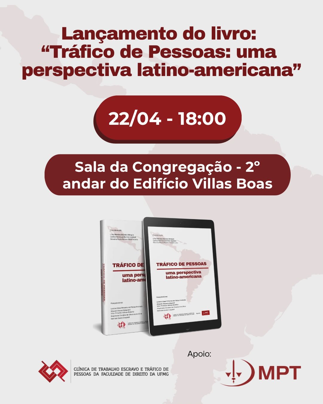 ❤️ É com grande entusiasmo que a Clínica de Trabalho Escravo e Tráfico de Pessoas da UFMG (CTETP) anuncia o lançamento da obra “Tráfico de Pessoas: uma perspectiva latino-americana”, que acontecerá no dia 22/04, às 18:00 horas, na Sala da Congregação, no 2º andar do Edifício Villas Boas (prédio da pós-graduação da Faculdade de Direito da UFMG), na Avenida João Pinheiro nº 100, Centro, Belo Horizonte.
📚 Resultado de um trabalho coletivo, a obra foi desenvolvida sob a orientação de Lívia Miraglia, Carlos Henrique Borlido Haddad e Giovana Paula Ramos Silveira Leite, com as pesquisas conduzidas pelos acadêmicos Lorena Andrade, Shevah Esberard, Vitor Botelho, Stephanie Silva e Nathalia Crepaldi.
❗️O evento contará com palestra de Luciana Marques Coutinho, Procuradora do Ministério Público do Trabalho, Alexandre Ribeiro Chaves, Procurador do Ministério Público Federal e Carlos Henrique Borlido Haddad, Coordenador da Obra.
🤝 Será um momento rico para o debate da temática do tráfico de pessoas na América Latina. Os palestrantes irão apresentar exposições sobre a obra e dissertar sobre a atuação do MPT e MPF no combate ao tráfico de pessoas.
🙌 O evento contará com certificado de ACG de 08 horas e coffe break. O link para inscrição se encontra na bio do perfil, não perca a oportunidade!
❓Em caso de dúvidas, entre em contato conosco pelo e-mail clinicatrabalhoescravo@gmail.com ou pela DM do instagram. Até lá!