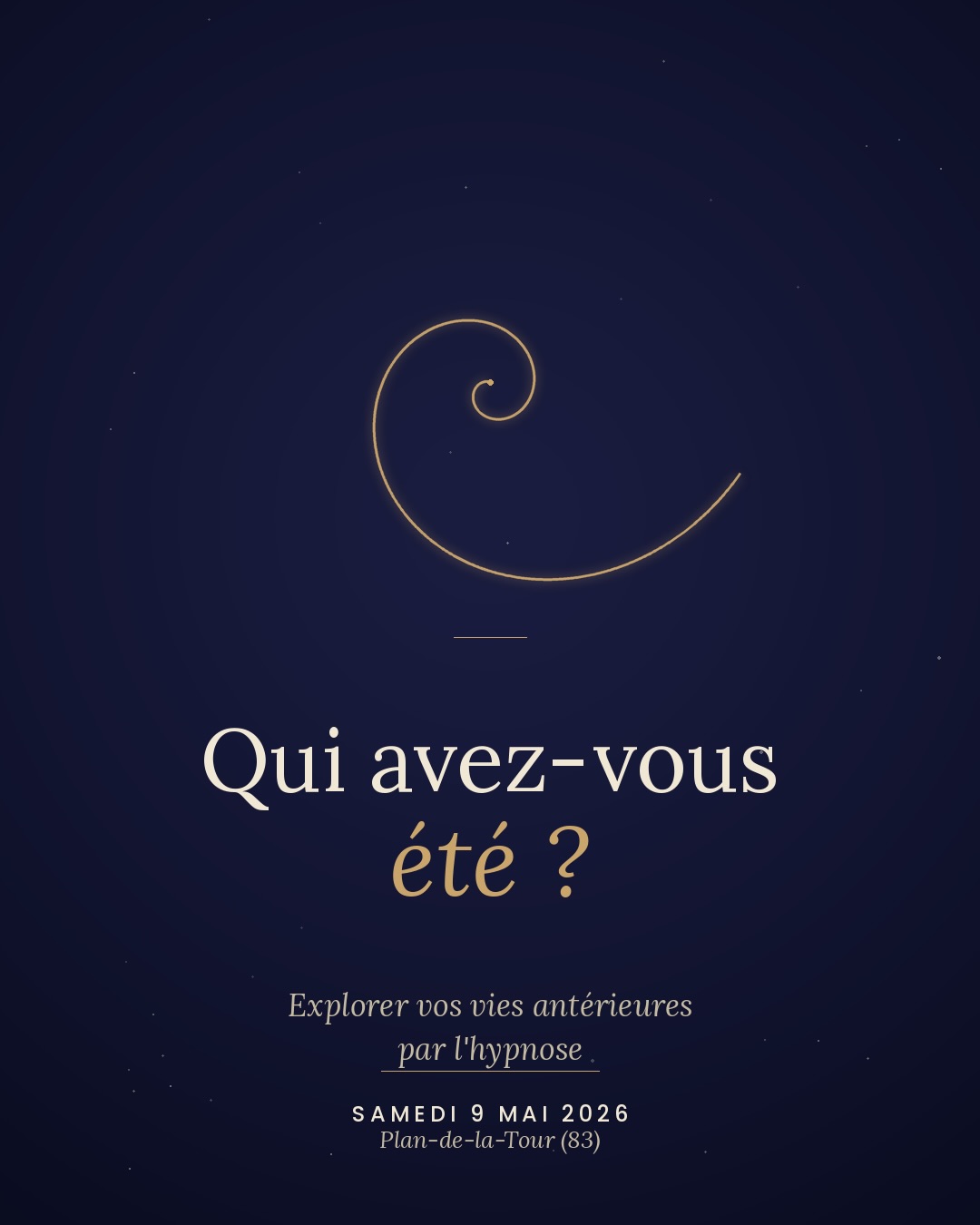 Une journée pour explorer vos vies antérieures — samedi 9 mai 2026.
Vivre, le temps d’une séance, la vie de quelqu’un d’autre. Une autre époque, un autre corps, une autre histoire. Et en ressortir changé.
Vous n’avez pas besoin de croire à la réincarnation pour vivre cette expérience. Ce que votre inconscient vous donne à voir dépasse la question du vrai ou du faux — c’est une expérience à vivre, pas une théorie à valider.
La journée se déroule en deux temps : un.e ou deux volontaires vivra sa propre régression, accompagné par moi, devant le groupe. Et pour ceux qui le souhaitent, vous apprenez à guider les autres.
📅 Samedi 9 mai 2026 — 9h30 à 17h30
📍 Mauricette Cantine, Plan-de-la-Tour (83) — salle privatisée
👥 8 places maximum
💶 70 € la journée · 89 € avec le repas
Réservation : 06 18 89 65 17 ou en message privé.
Morgan Perie — Hypnothérapeute · Fondateur de l’EFTH
#hypnose #viesanterieures #hypnotherapie #regression #formationhypnose