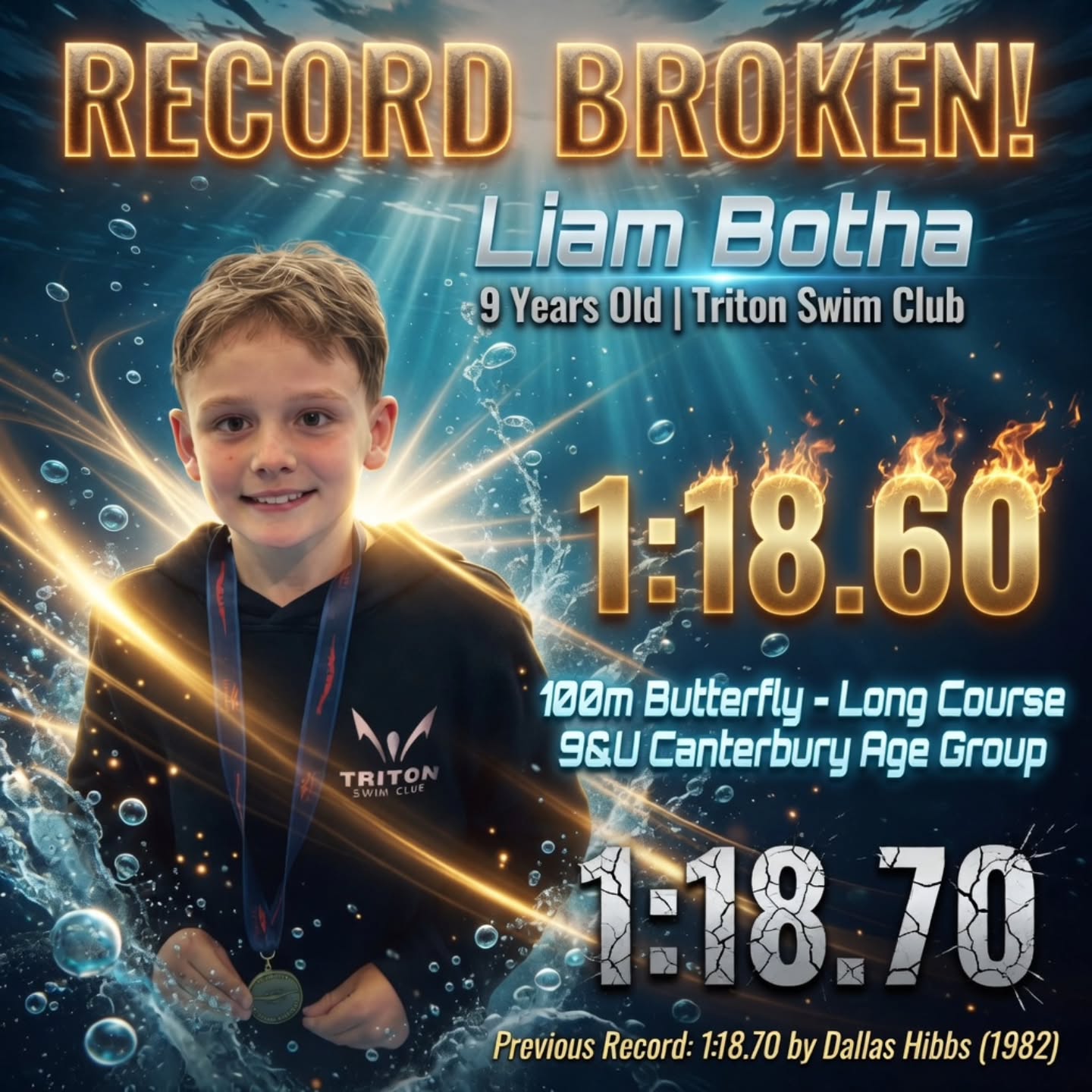 Huge congratulations to Liam Botha who has broken a Canterbury Record from 1982!
New 9&U Canterbury LC 100m Butterfly Record at Wharenui Winter Olympics 2026!