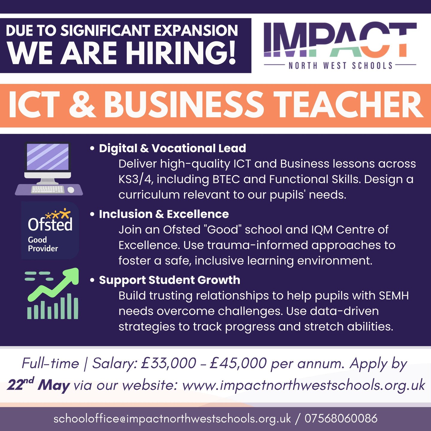 ๐ Now Hiring: ICT & Business Teacher
Are you ready to lead the way in digital education? We are looking for an innovative ICT & Business Teacher to join our team during this exciting period of expansion. At Impact, you wonโt just be teaching; youโll be designing a curriculum that truly resonates with our pupils' futures.
Impact: Deliver high-quality BTEC and Functional Skills lessons.
Support: Work within a trauma-informed environment to foster student growth.
Reward: Salary between ยฃ33,000 โ ยฃ45,000 per annum.
Deadline: Apply by 22nd May!
๐ Apply here: www.impactnorthwestschools.org.uk/vacancies