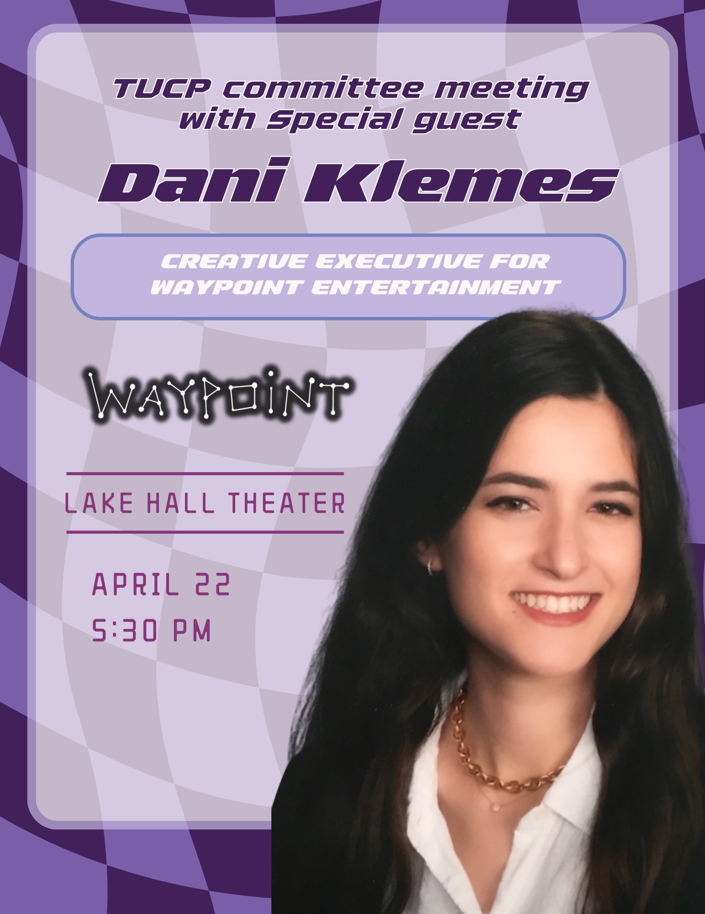 Join us for our LAST committee meeting of the semester with very special guest speaker Dani Klemes on April 22nd at 5:30PM in Lake Hall Theater‼️ Dani is currently the creative executive for Waypoint Entertainment🎥 where she plays a key role in shaping many projects. Most notably she has worked with projects like Cuckoo and Past Lives. Whether you’re curious about the entertainment industry and the film process or just looking for advice- this is your chance!👏🙆♀️