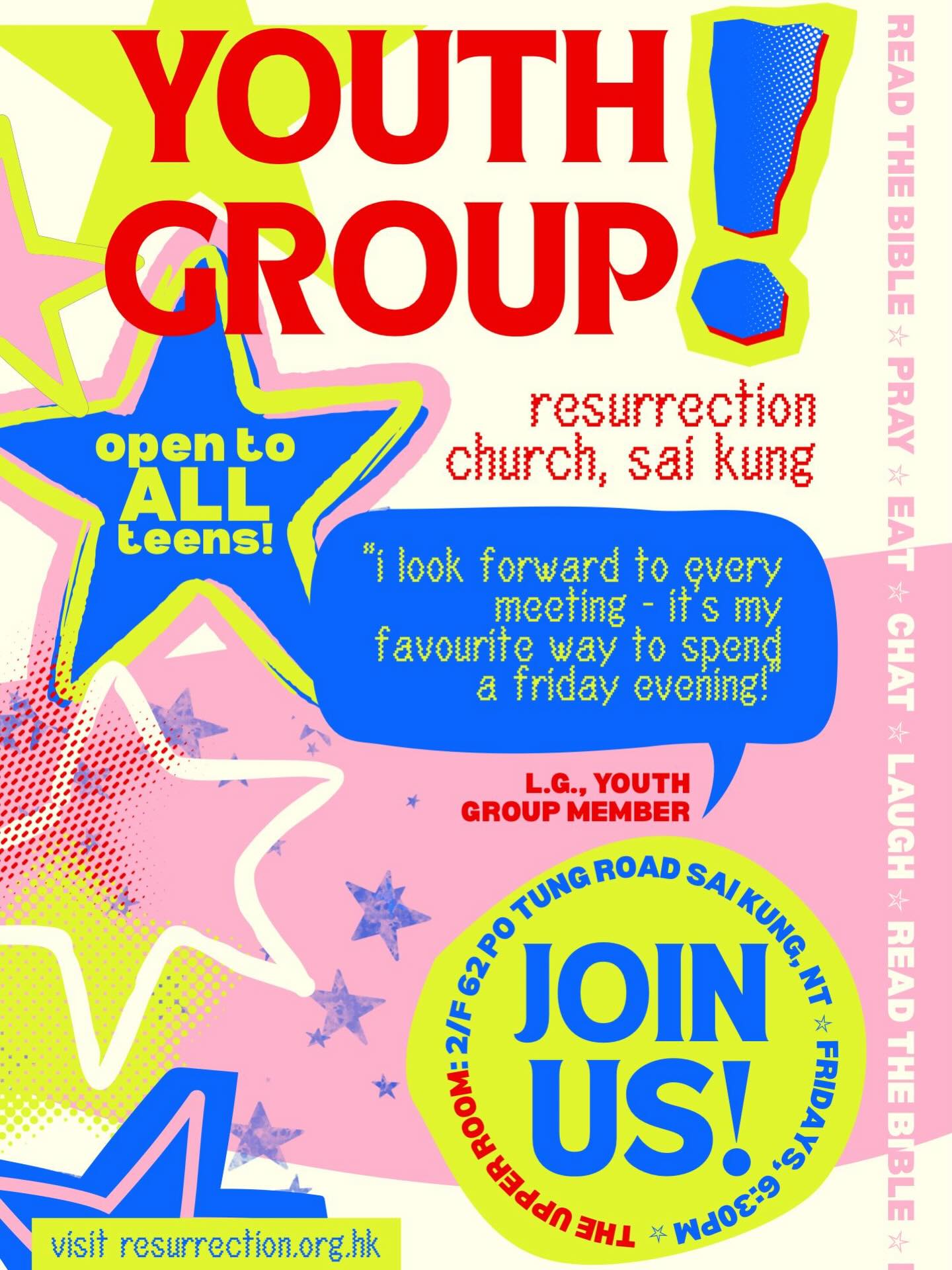 Teens - come to Youth group this Friday (17/4) at 6:30pm in the Upper Room, Sai Kung. Newcomers welcome!