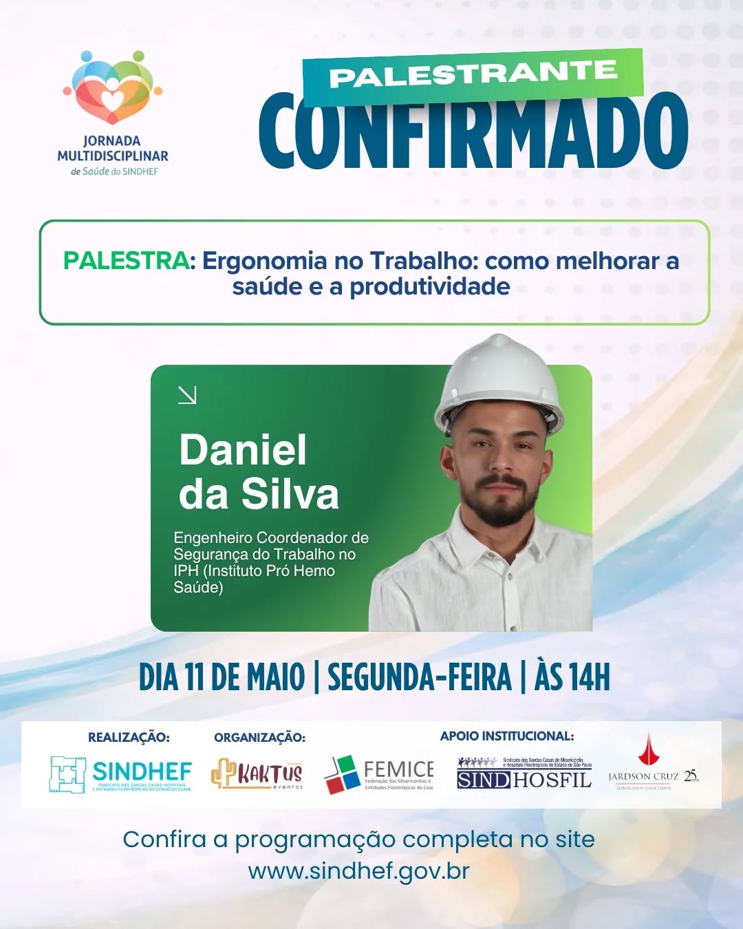 Você sente que pequenos ajustes podem transformar grandes resultados no seu ambiente de trabalho?
A ergonomia vai muito além da postura. Ela impacta diretamente na saúde, no desempenho e na qualidade de vida dos profissionais.
E é exatamente sobre isso que você vai aprofundar com Daniel da Silva, Engenheiro e Coordenador de Segurança do Trabalho, trazendo uma abordagem prática e essencial para o dia a dia.
Na palestra “Ergonomia no Trabalho: como melhorar a saúde e a produtividade”, você vai entender como aplicar conceitos que fazem diferença real na rotina profissional.
📅 11 de maio
⏰ Às 14h
Atualize sua prática. Melhore seus resultados.
Garanta sua participação na I Jornada Multidisciplinar de Saúde do SINDHEF, clicando no link da bio @sindhef_patronal e esteja onde as transformações começam.