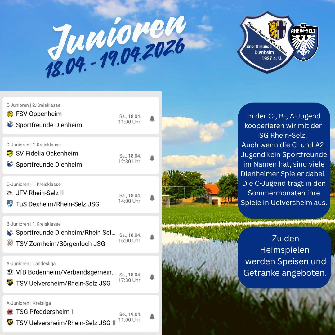 Nach der Osterpause starten wir mit einem vollgepackten Samstag wieder in den Spielbetrieb 💙🤍
#sportfreunde #dienheim #meineheimatmeinverein #fussball