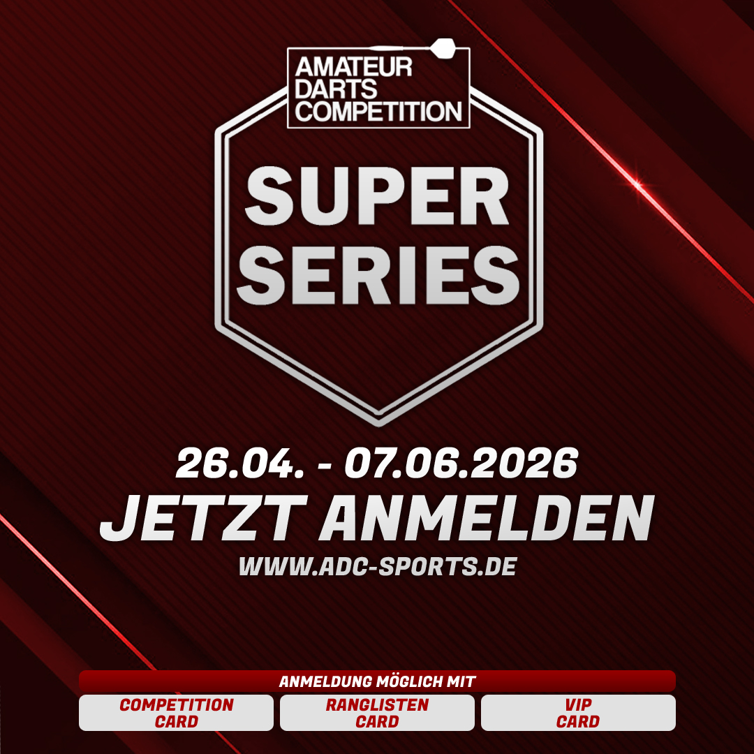 Ab sofort könnt ihr euch bis zum 26.04.26 18:00 Uhr für die ADC Super Series Competition anmelden. Link in Bio.
Die Teilnahme ist mit einer Competition Card (kann bei der Anmeldung gekauft werden), Ranglisten Card oder VIP Card möglich.
Gespielt wird im KO System 501 SI/DO Best of Legs.
Zu gewinnen gibt es Preisgelder/Gutscheine im Wert von 165€, was unter den Plätzen 1-8 aufgeteilt wird.
Mehr Informationen über die Competition und Preise, findest du auf unserer ADC Homepage.
Die ADC wird unterstützt von:
@steel_ikone
@triple20_dartsshoes
@barrel.junkies
@masa_darts
@lupo.darts
@jan_gths