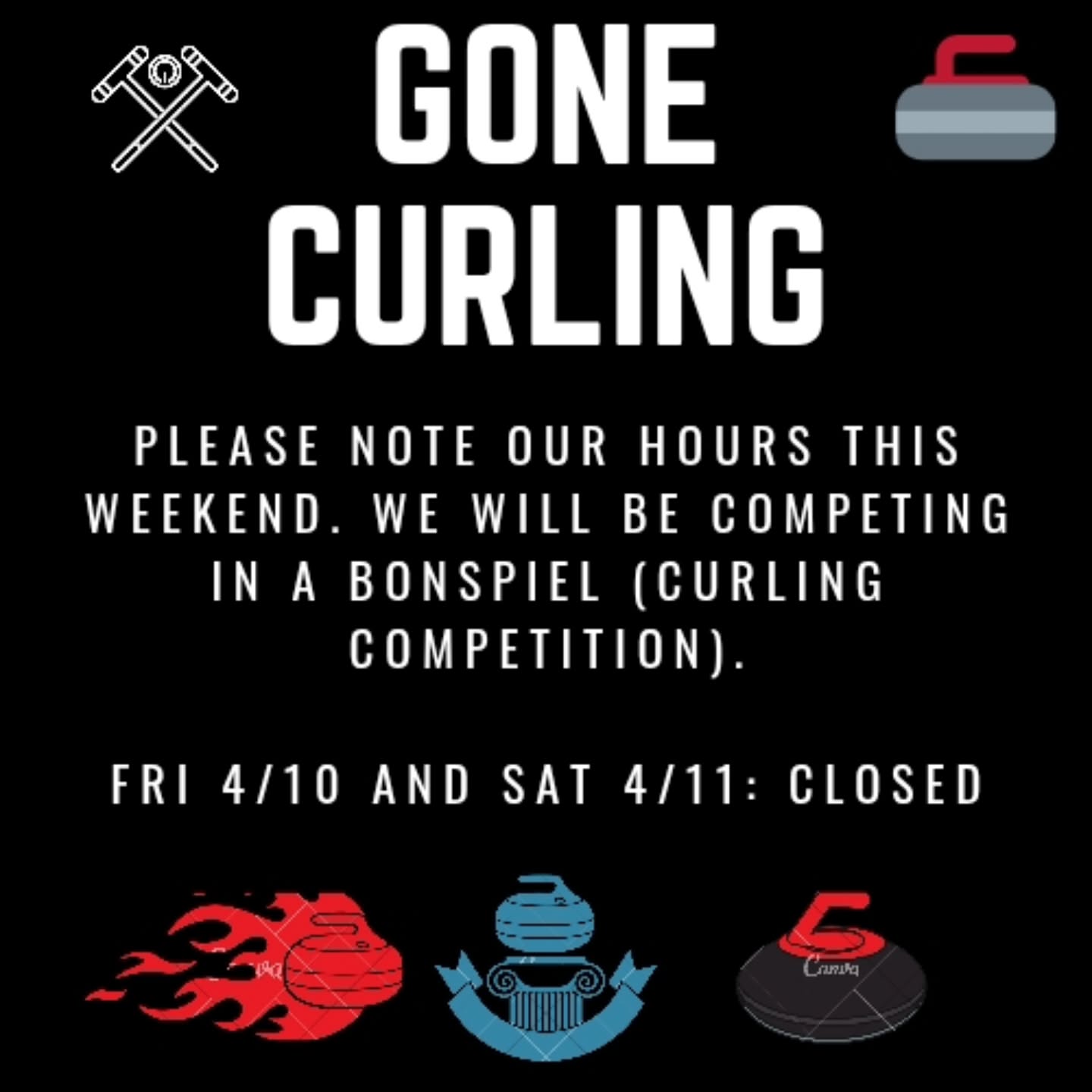 We will be closed Friday and Saturday to compete in a curling tournament.
Thanks for understanding and see you next week!
#curling #chocolate #bonspiel