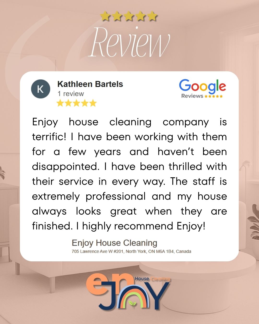 Nothing makes us happier than long-term clients who trust us with their homes 🧡
Consistent, professional, and detailed: that’s the Enjoy standard every single visit.
Thank you, Kathleen, for being with us all these years! ✨
#EnjoyHouseCleaning #HappyClients #TorontoCleaning #CleaningService #ClientLove