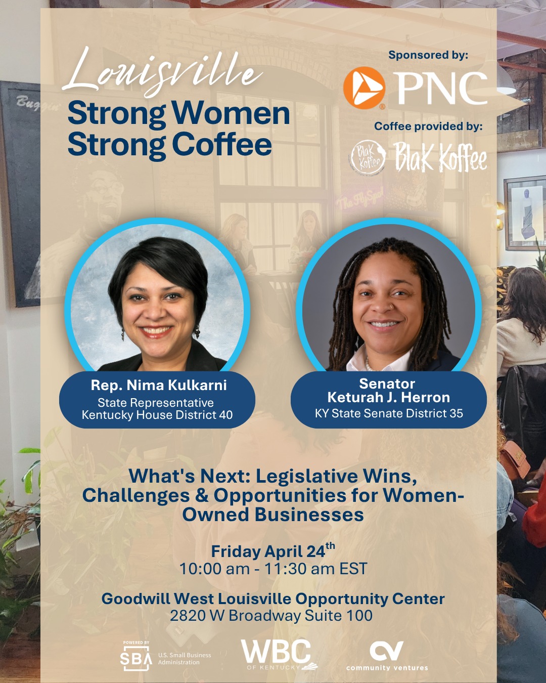 📣 Hey Louisville! This Strong Women Strong Coffee is for the women building, leading, and asking bigger questions.
This month, we’re sitting down with Representative Nima Kulkarni @repnimakulkarni and Senator Keturah J. Herron @senator_herron for a real conversation on what’s happening at the Capitol, and what it means for you.
Hear directly from Representative Nima Kulkarni and Senator Keturah J. Herron about what’s happening in Frankfort, and how it affects your business.
📍 Goodwill West Louisville Opportunity Center
2820 W Broadway Suite 100, Louisville, KY
📅 Friday, April 24
⏰ 10:00 – 11:30 AM EST
🎟️ Save your seat with the link in our bio: @wbckentucky
#StrongWomenStrongCoffee #LouisvilleSmallBusiness #WomenInBusinessKY