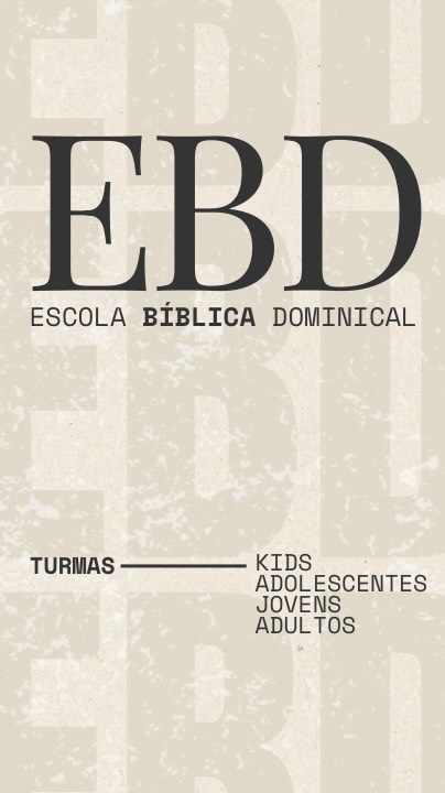 Domingo é dia de crescer juntos!
A nossa EBD acontece todos os domingos, a partir das 9h da manhã, com turmas separadas por faixa etária:
• Kids
• Adolescentes
• Jovens
• Adultos
Cada fase com um cuidado especial, desenvolvendo o melhor de cada idade, com ensino, conexão e propósito.
Vem com a gente se aprofundar na Palavra!