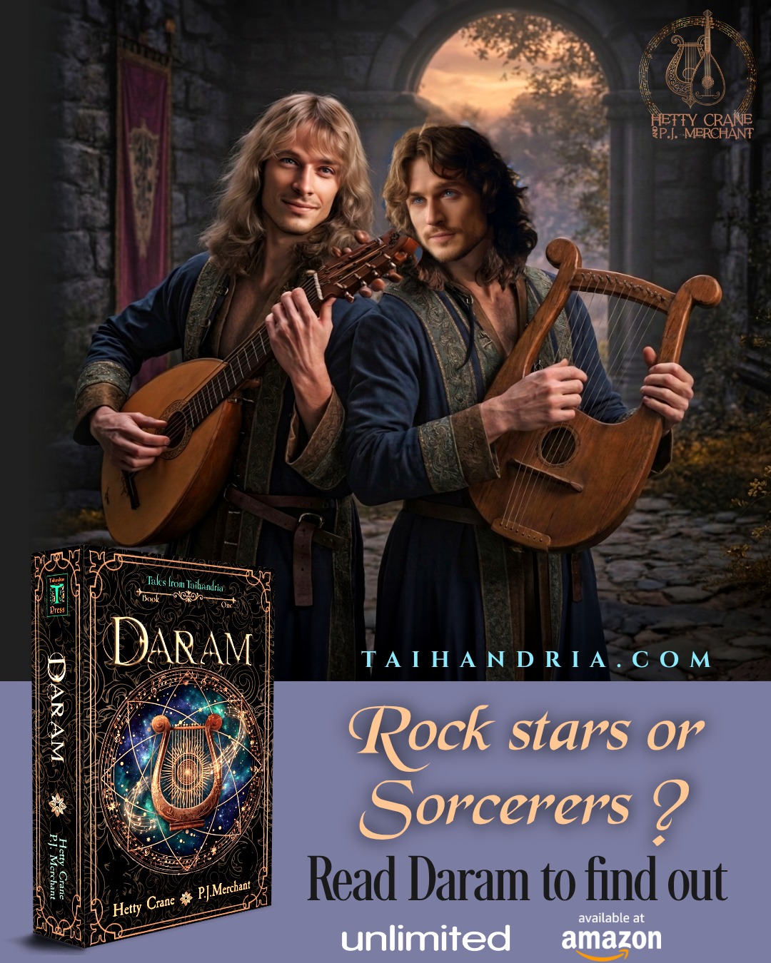 On Earth, they're rock stars. On Arethea, they're sahhars, sorcerers able to command the magic of the star gods through music.
But they don't know that yet.
Robin Wood and Colin Clought are just ordinary superstars. They have fans who love their music, girls who want to bed them, and band mates who quarrel with them about the direction of their music. What they don't have is stress. That's about to change.
When the rock band Sun is suddenly catapulted into a medieval world where music is magic--and forbidden--Robin and Colin's comfortable world is turned upside down, quite literally.
Facing arrest and drawn into the political turbulence of an alien world, they must use their dangerous musical magic to find the way home to Earth - without getting killed in the process.
Follow their adventures in the Tales from Taihandria four book Portal Fantasy series.
#portalfantasy #portalfantasybooks #portalfantasyseries #portalfantasyromance #epicfantasybooks #fantasybookstagram #Canadianfantasybooks #indieauthors