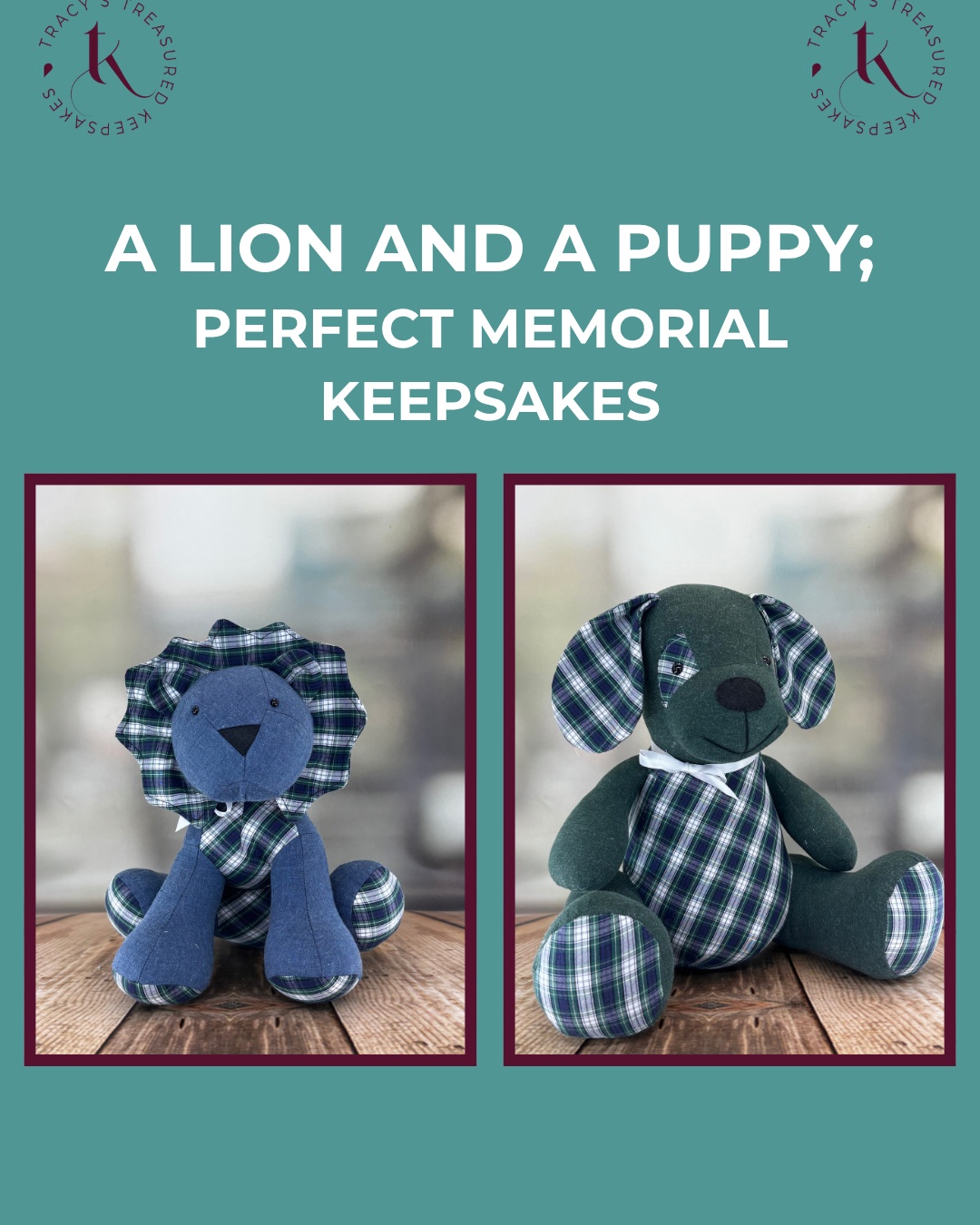 Here are two more from Vicky's collection of 5 memorial keepsakes, with a lion and a puppy added to the collection.
Creating multiple designs from the same person's clothes gives each family member their own unique keepsake while keeping everyone connected through shared memories.
#TracysTreasuredKeepsakes #SmallBusinessUK #PersonalisedKeepsakes #HertsCustomKeepsakes #HandmadeGiftsUK