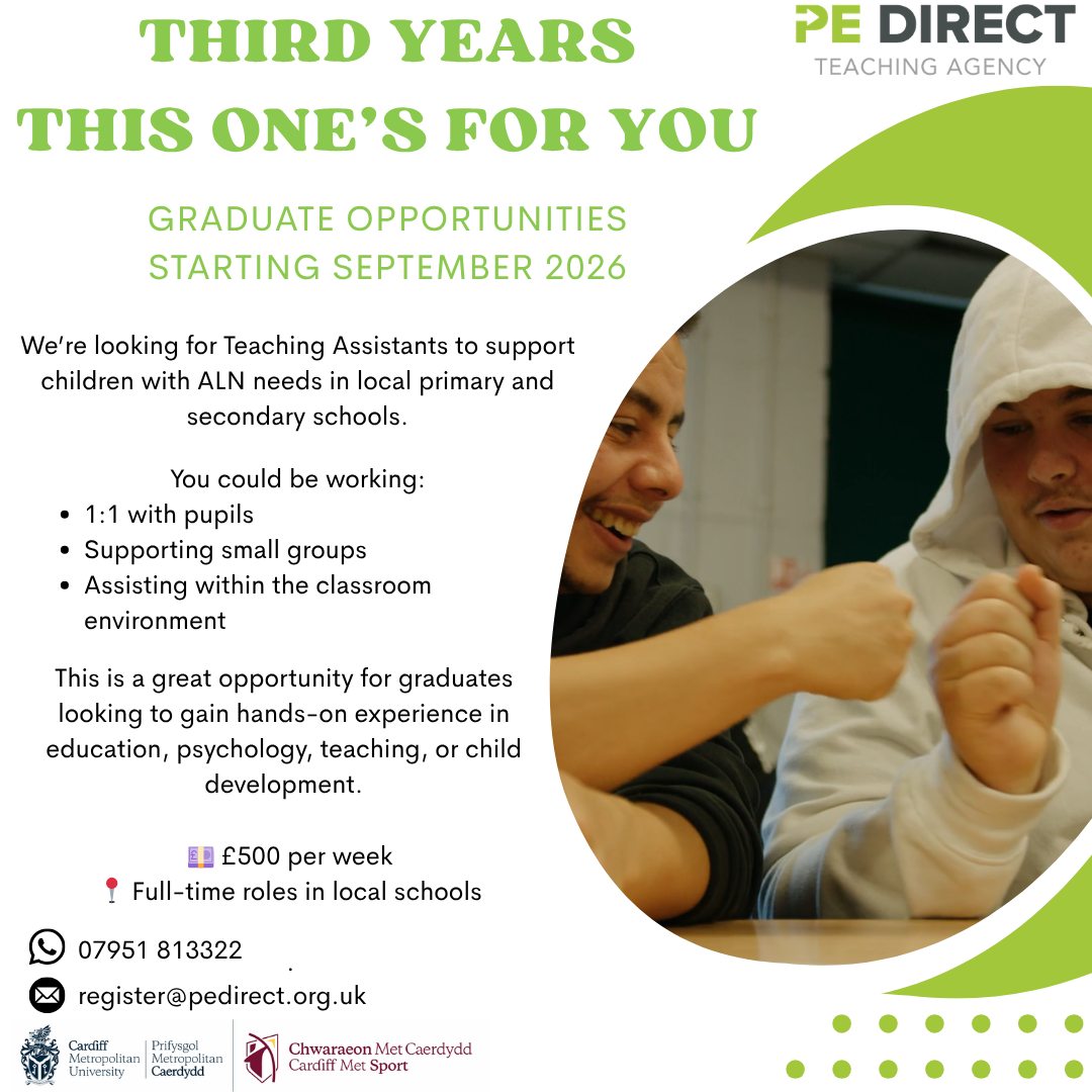🚨 Graduate Opportunity: Teaching Assistant Roles Starting September 2026 🚨
Looking to kickstart your career in education, psychology, or child development? This is your chance to gain real hands-on experience in local primary and secondary schools.
We’re recruiting Teaching Assistants to support children with ALN needs, working closely with pupils through 1:1 support, small group work, and in-class assistance.
💼 Full-time roles in local schools
💷 £500 per week
📍 Great opportunity for graduates ready to make a difference
If you’re passionate about supporting learners and building experience in education, this could be the perfect next step.
📩 Apply now: register@pedirect.org.uk
📞 07951 813322
#CardiffMet #PEDirect #Ad