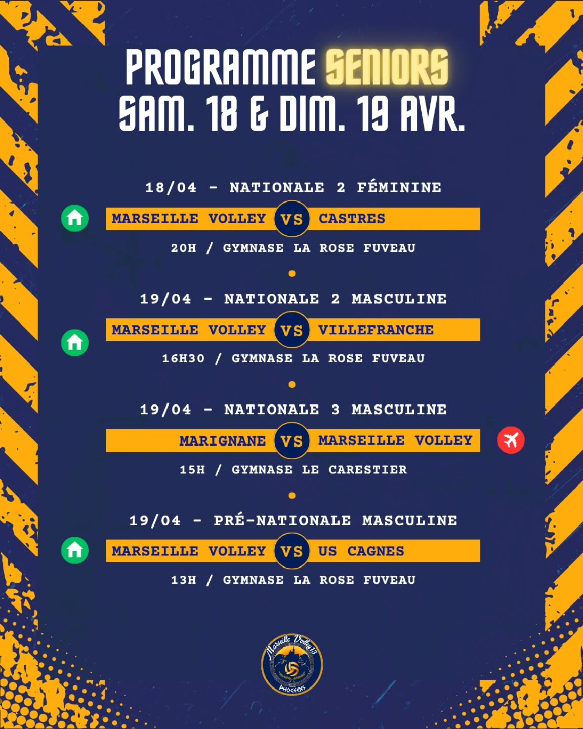 🏐 Tous derrière nos équipes ce week-end 🏐
Nos seniors seront sur les terrains ce weekend
À domicile ou en déplacement, nos équipes sont prêtes à tout donner
🥁 Venez nombreux pour soutenir les équipes de N2 samedi et dimanche 🔥