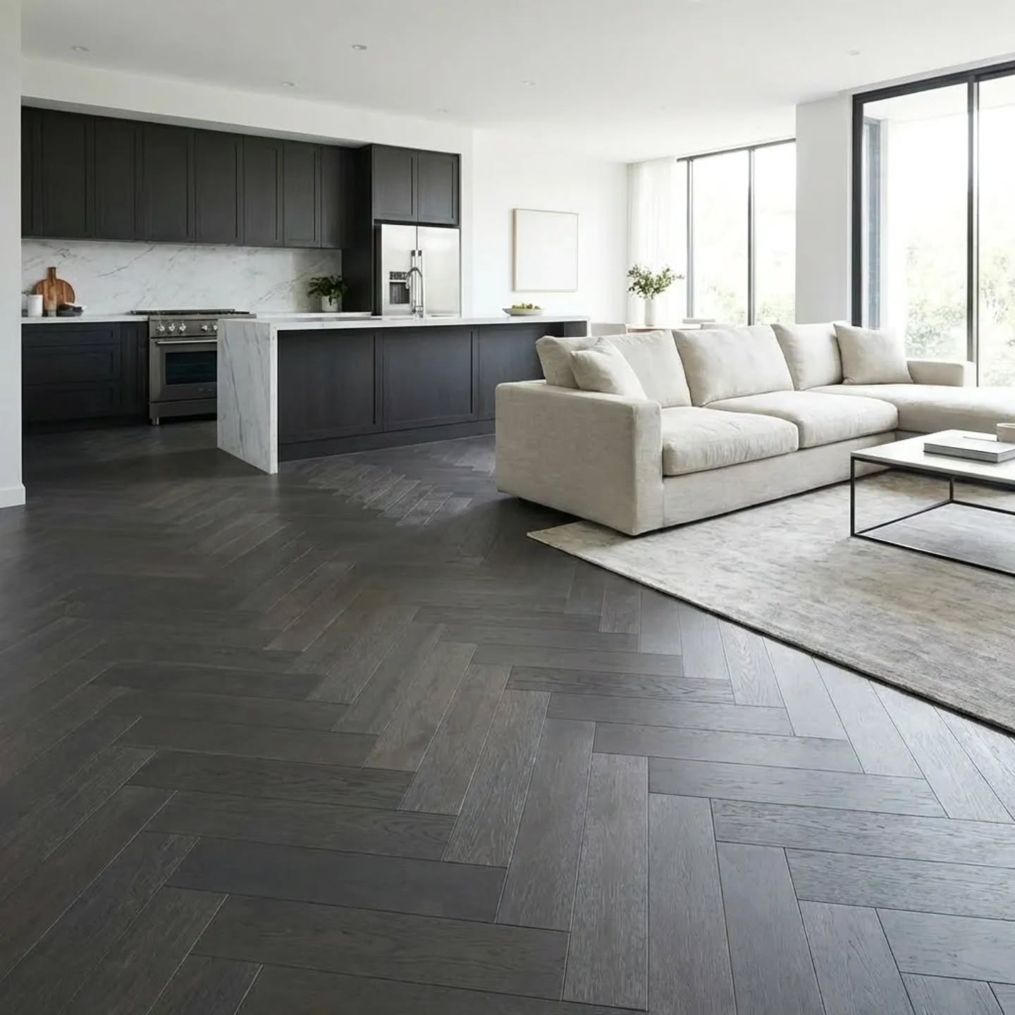 Black herringbone flooring - an architectural statement in its purest form.
This bold foundation anchors the space with deep, refined tones, while the precision-laid pattern introduces movement and balance throughout.
Seamlessly paired with dark joinery and light stone, the result is a considered, high-end interior - timeless yet distinctly modern.
Crafted with intent. Installed with precision. Designed to stand apart.
▫️Colour = Charcoal
▫️Collection: AB Grade Herringbone Flooring
▫️Install Method: Direct Glue Down
▫