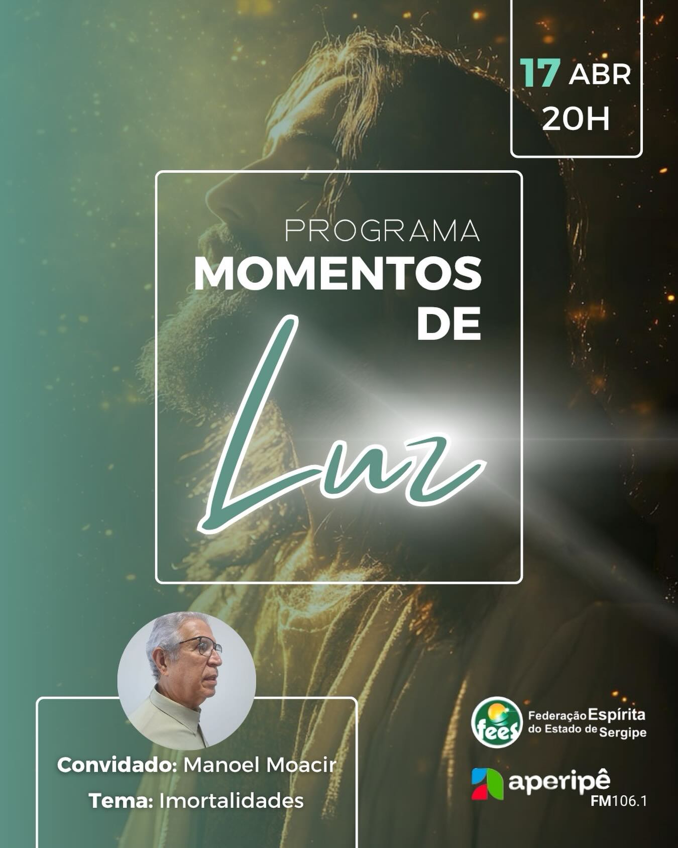 No Programa Momento de Luz desta sexta-feira, 17 de abril, teremos o prazer de receber o convidado Manoel Moacir para um bate-papo sobre a imortalidade — um tema que eleva e traz tranquilidade ao espírito.
Hoje, a partir das 20h, com transmissão pela FM Aperipê 106.1, você é nosso convidado para essa sintonia de afeto e cuidado.