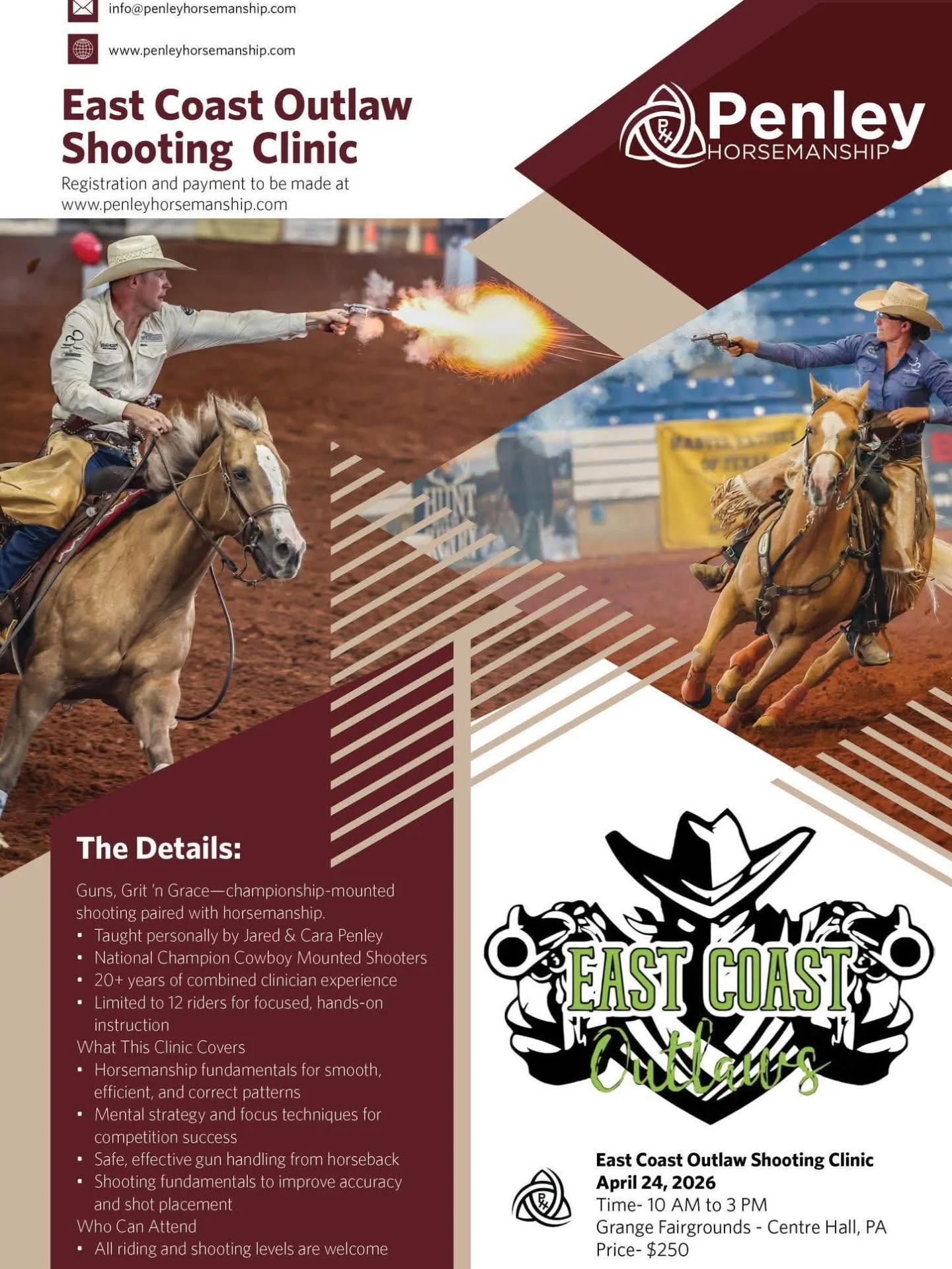 Come join us next Friday in Centre Hall, PA for our 5 hour Mounted Shooting Clinic hosted by the East Coast Outlaws! We have a few spaces still available🤠
For clinic details and registration click the link below👇 Clinic is for all levels actively competing in the sport and is taught by both Jared and Cara Penley.
https://www.penleyhorsemanship.com/service-page/east-coast-outlaw-shooting-clinic?referral=service_list_widget