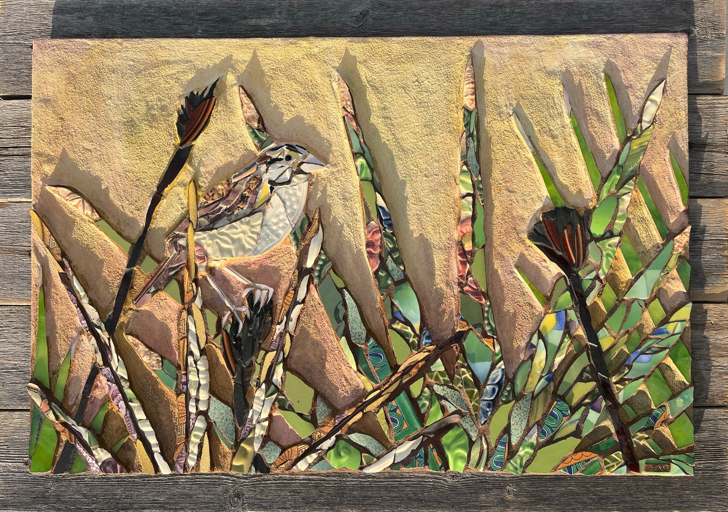 This new mixed media mosaic of a Florida Grasshopper Sparrow perched on a burned palmetto by artist Jennifer Case/Ochre Mill Studios took our breath away!
Using bits of glass, found, and broken materials (e.g., rocks, pottery shards, shells), Jennifer brought the endangered Florida Grasshopper Sparrow ‘Orange-Yellow' to life.
We (and our cat-Tubby) were blown away by the creativity and magnificence of her work.
Orange-Yellow is featured in our upcoming docu-series. We first met him as a five-day-old nestling when he got his orange and yellow leg bands. We visited Orange-Yellow in his burned prairie home at Avon Park Air Force Range over the next six years.
Like us, Jennifer’s work ‘explores the connections between people and the natural world’. Check out more spectacular mosaics here: @jlcase0000