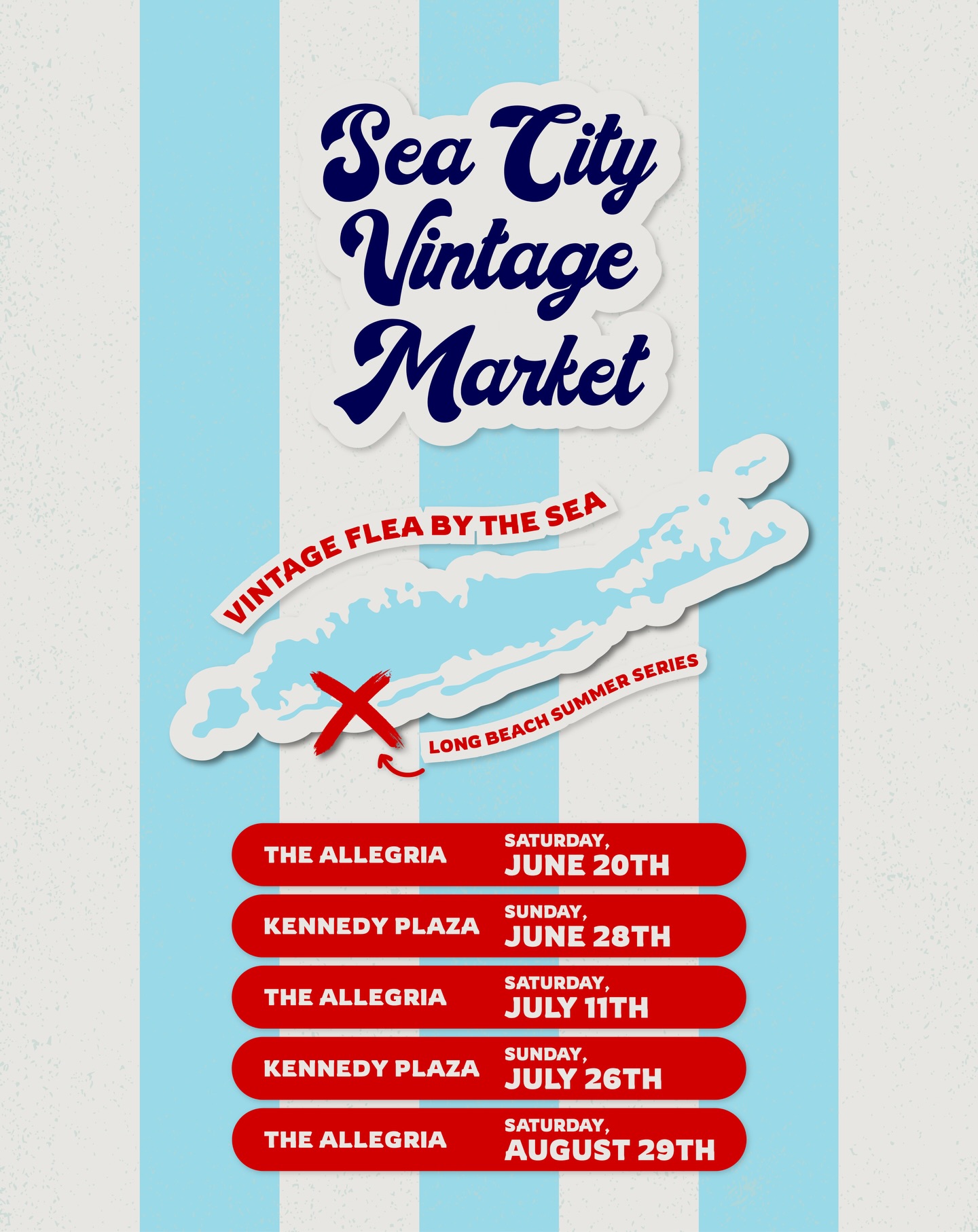 Your favorite vintage flea by the sea is back 🌊 Sea City Vintage Market is keeping it local this summer... and we are hosting FIVE vintage markets in Long Beach!
Save the dates! Each market will be a mix of different vendors, vibes, and all categories of vintage treasures 👏
SAT JUNE 20 at @allegriahotel
SUN JUNE 28 at @cityoflongbeachny
SAT JULY 11 at @allegriahotel
SUN JULY 26 at @cityoflongbeachny
SAT AUG 29 at @allegriahotel
Start your wish list and tell a friend. PS - no early bird tickets this summer! Vendor intros + more details coming soon! 👏 Make sure you’re following along @seacityvintagemarket