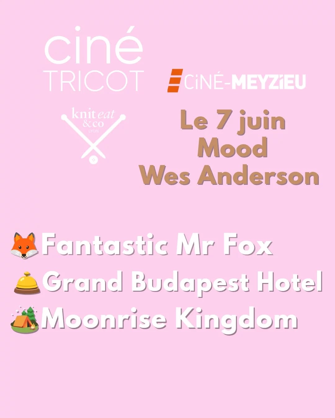 🎞️🎬🎟️🅒🅘🅝🅔 🅣🅡🅘🅒🅞🅣 ♥️🥰🧶
Devant lequel de ces films de Wes Anderson aimeriez vous tricoter/crocheter/broder/coudre pour le prochain Ciné Tricot ?
Date : Dimanche 7 Juin
Où: @cine.meyzieu
À vous de choisir en répondant avec l'émoji correspondant au film de votre choix😉
#kniteat #cinetricot #wesanderson #knittersofig