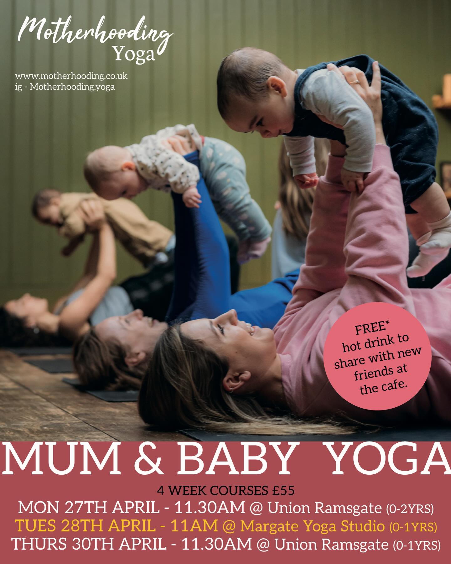 Join us for the May Mum and Baby Yoga @unionramsgate and @margate_yoga_studio
—-
Timetable:
Mondays Ramsgate: babies 6/8 weeks - 2 years.
Tuesdays Margate: babies 6/8 weeks - 1 year.
Thursdays Ramsgate: babies 6/8 weeks - 1 year.
—-
I’m a doula, Antenatal Educator & Birthlight qualified yoga teacher and I’ve supported hundreds of women through both their Prenatal and Postnatal yoga journey.
The course is designed to empower you through movement, reconnecting you with your body and mind, supporting you physically by nurturing and strengthening your new body. It’s a great way to bond with your baby & give them a little treat with a baby massage. You’ll get to meet other local Mamas.
Courses include a *FREE hot herbal tea to share with new friends after class @giant_coffeeramsgate on Mondays @hightidesocialcafe on Tuesdays or @hellounioncafe on Thursdays
*with every food purchase at Giant and High Tide and with every hot food purchase at Union
——-
Suitable from 6/8 weeks postnatal
——-
#mumandbabyyoga #babyyoga #mumyoga #postnatalyoga ramsgate margate thanet mum baby newmum yoga