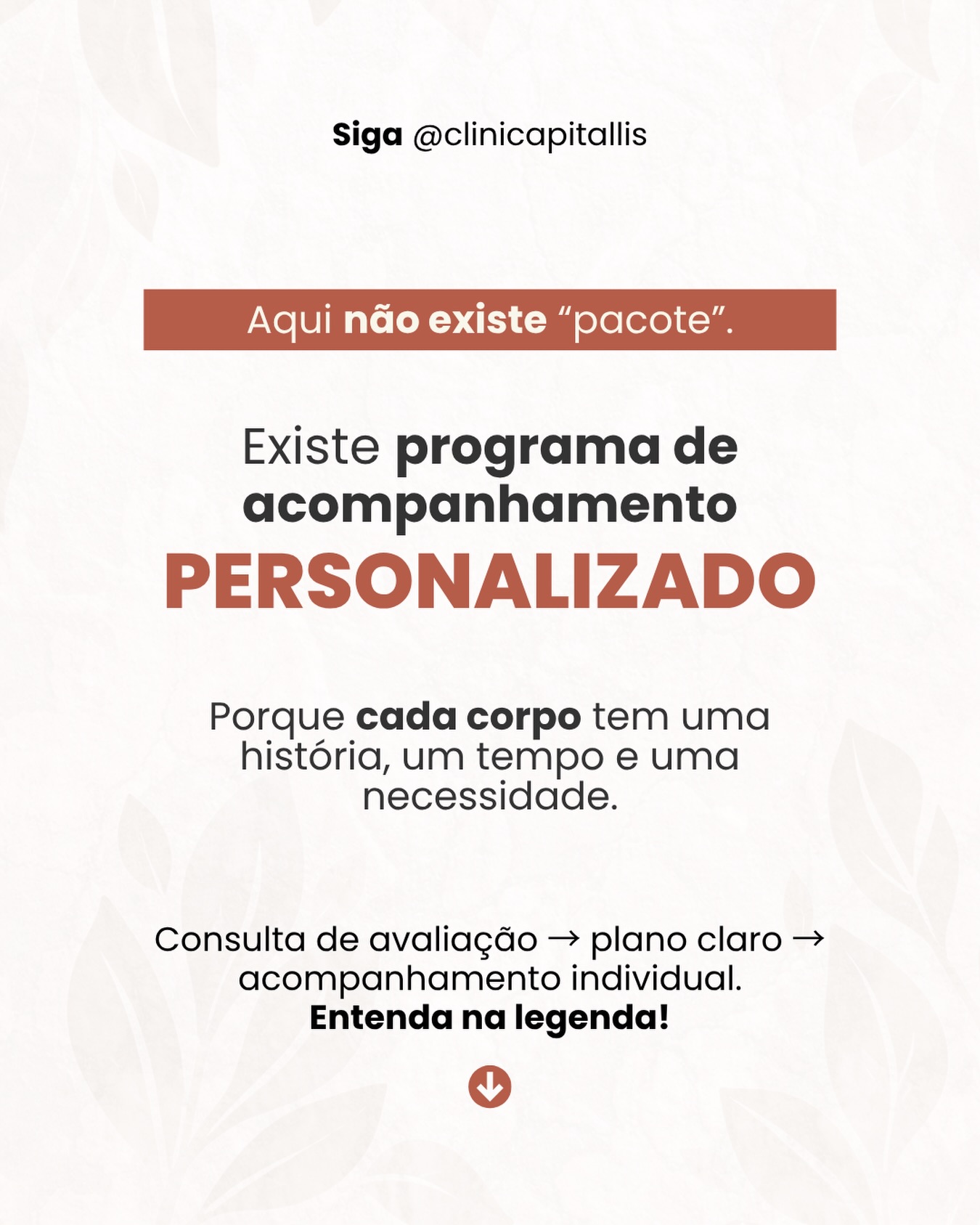 Na Pitallis, a gente não trabalha com “tabela pronta” de cuidado.
Depois da consulta de avaliação, construímos um programa de acompanhamento personalizado — definido pela sua queixa, seus objetivos, seu histórico e sua fase de vida.
Isso traz mais segurança, mais clareza e um caminho realista para evolução.
Para agendar: WhatsApp (71) 99264-1758
Ou envie “AVALIAÇÃO” no Direct.