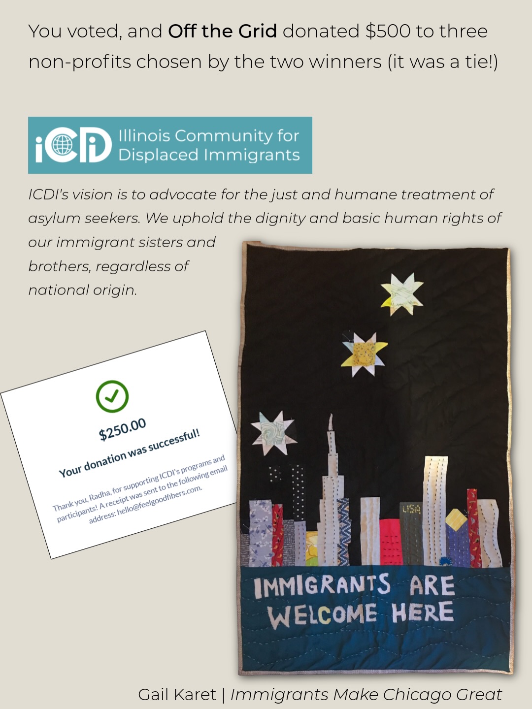I had pledged to donate $350 to a non-profit chosen by the winner of the community vote but it was a tie! Which was a great excuse to donate $500 instead.
Gail (partialagonist) chose her local Illinois Community for Displaced Immigrants @icdichicago an organization that advocates for the just and humane treatment of asylum seekers.
One of the many cool things about Claire’s @eclair57 Red Flags Everywhere quilt, was that it was made by a group of Australian quilters! But, she wanted her donation to go where it was needed most so we landed on splitting it between The Trevor Project @trevorproject and the ACLU @aclu_nationwide
Part of being an ethical and inclusive business is giving back. FeelGood Fibers is not a non-profit, but my goal with this business is to be profitable and grow while continuing to prioritize supporting our community over making money.
Why am I sharing this? Because transparency is key to running a sustainable business. And I’m going to continue to talk openly about the decisions I make. It’s more important than ever to have honest conversations about how we run our businesses and who we support with our money. It’s not about making all the right choices, it’s about learning and then moving forward with empathy.