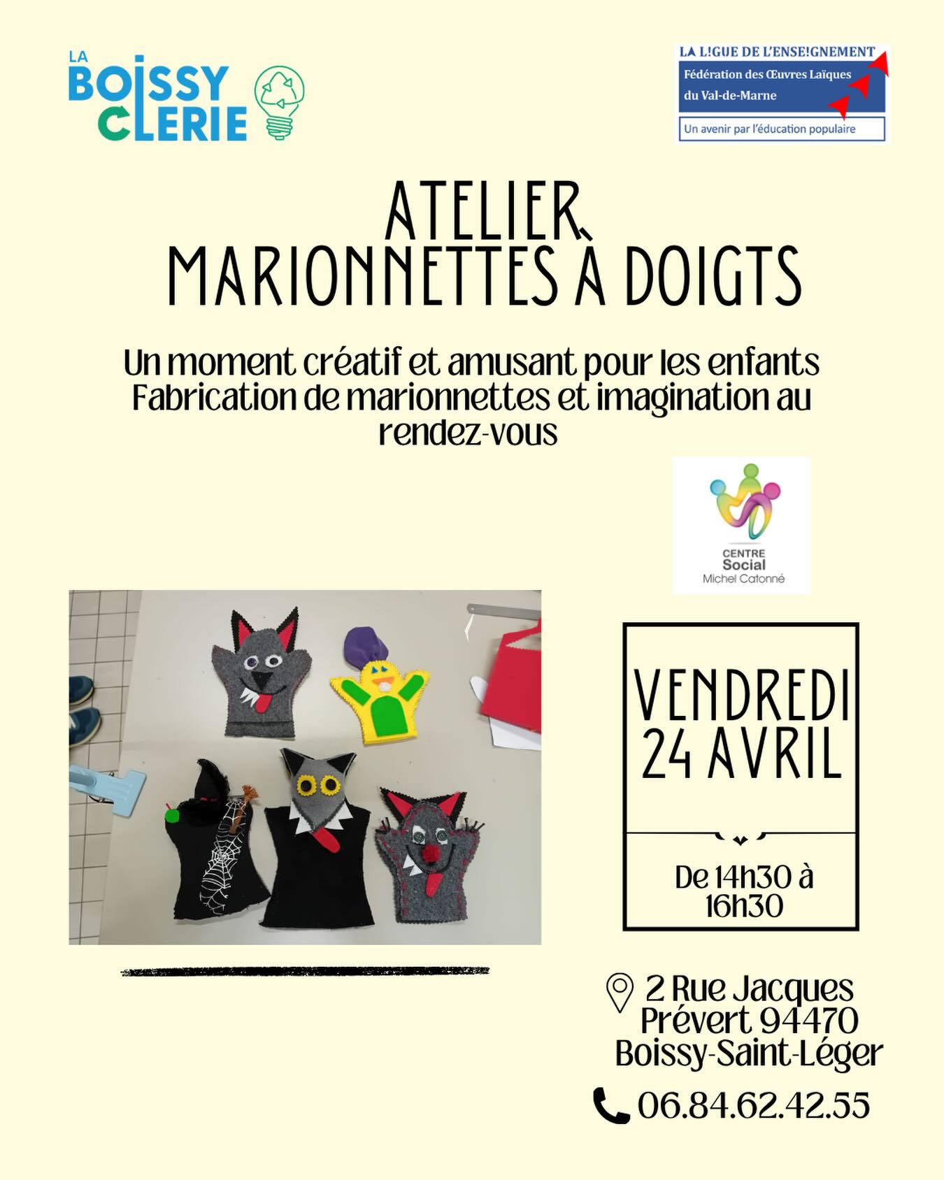 ✨ Atelier marionnettes à doigts ✨
Rejoignez-nous pour un moment créatif et ludique animé par le centre social !
Les enfants pourront fabriquer leurs propres marionnettes et laisser libre cours à leur imagination
🍪 Un goûter sera offert à la fin de l’atelier
Places limitées – inscription conseillée