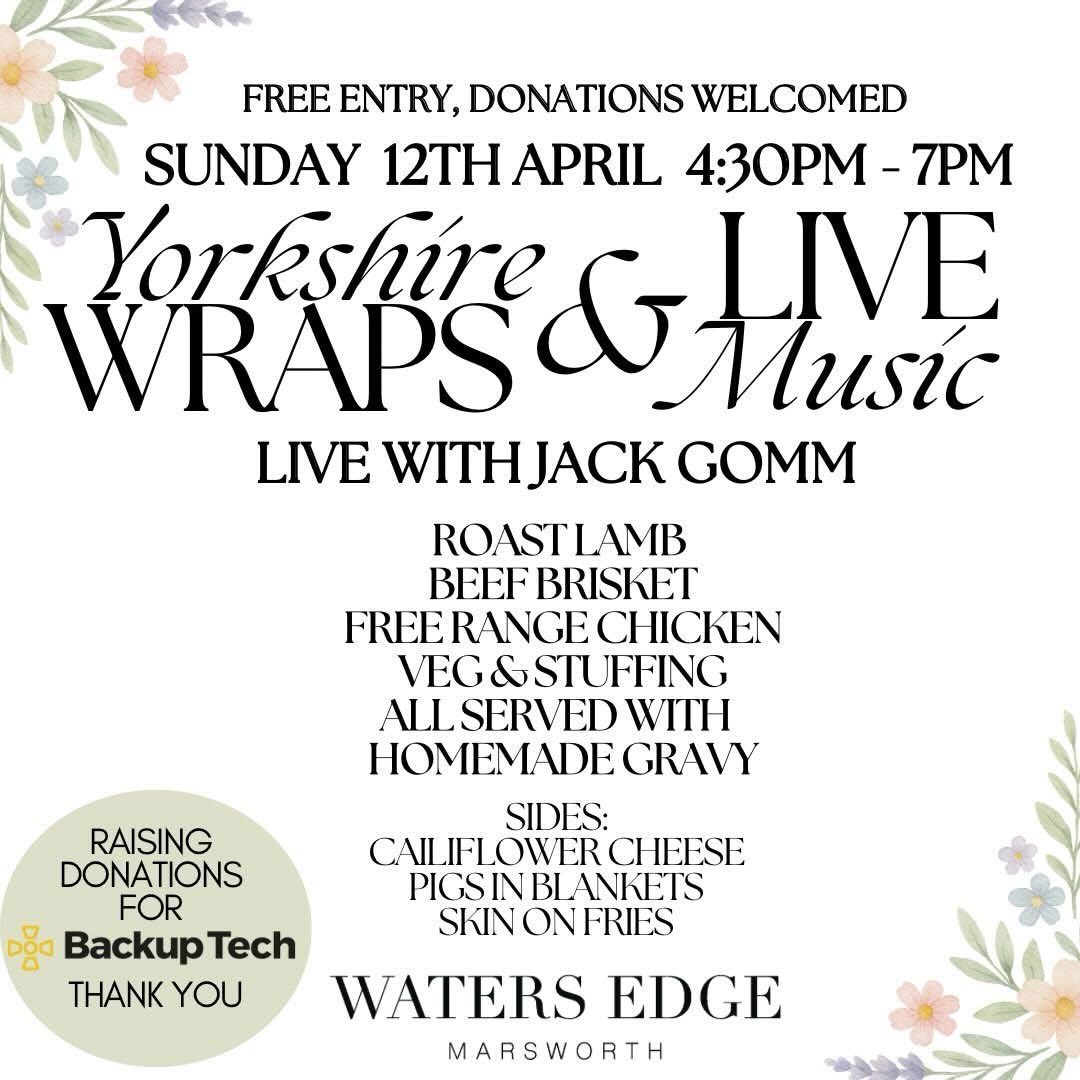 Join us from 4:30PM today, for our very special return of the classic twist on the best part of most of our weeks, Yorkshire Roast Wraps. Meat Wraps £15.95
• Roast Beef
• Roast Lamb
• Roast Chicken
Vegetarian option available. All served with a pot of homemade gravy.
Sides £5.50
Skin On Fries, Pigs in Blankets 🤤, Cauliflower Cheese
Sit back, relax to the acoustic sounds with Jack Gomm’s @gomm_0_ performing in aid of Backup Techup
Outside toys and board games for the whole family to enjoy
We can’t wait to welcome you shortly ☀️☀️