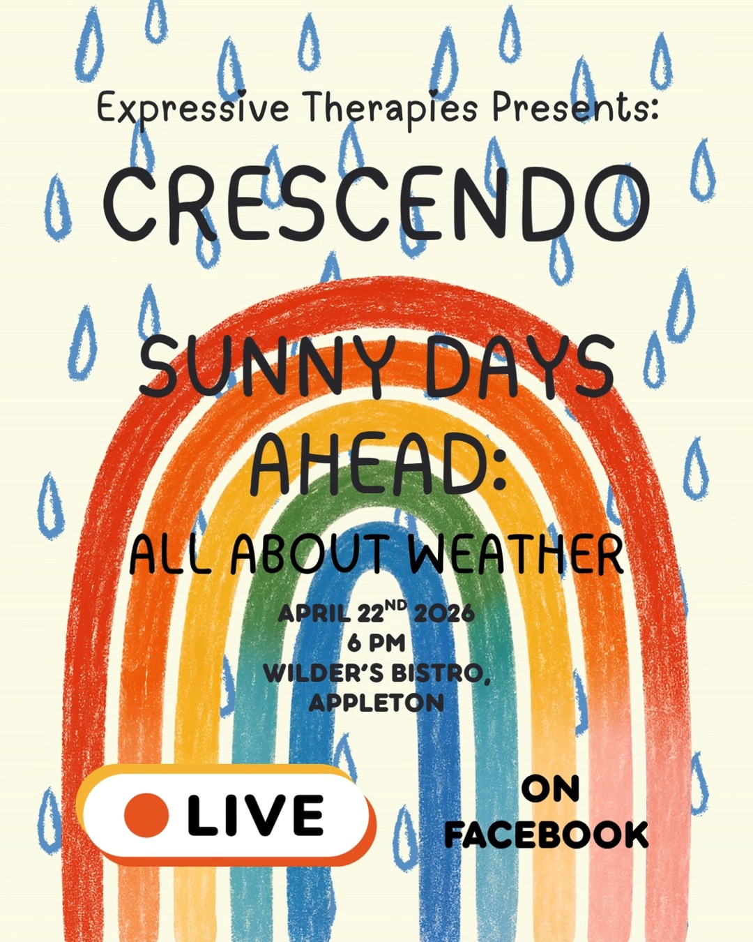 This Wednesday! Join us LIVE on Facbook for our presentation of CRESCENDO in Sunny Days Ahead: All About Weather! Our group members have put together an awesome show and we can't wait for you to see it! 🌞
#expressivetherapiesllc #inclusivemusicmaking #livestream