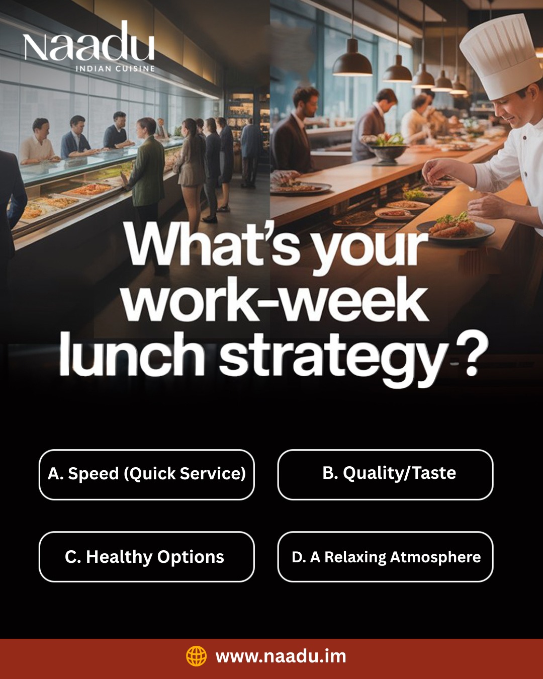 Help us refine our lunch experience at Naadu. What’s your top priority?
A️. Speed (quick service)
B️. Quality & taste
C️. Healthy options
D️. A relaxing atmosphere
Cast your vote and help us serve you better: https://www.naadu.im/
#NaaduIom #DouglasDining #LunchTime #WorkWeekLunch #FoodChoices #HealthyEating #QuickBites #IsleOfMan #DineWithNaadu