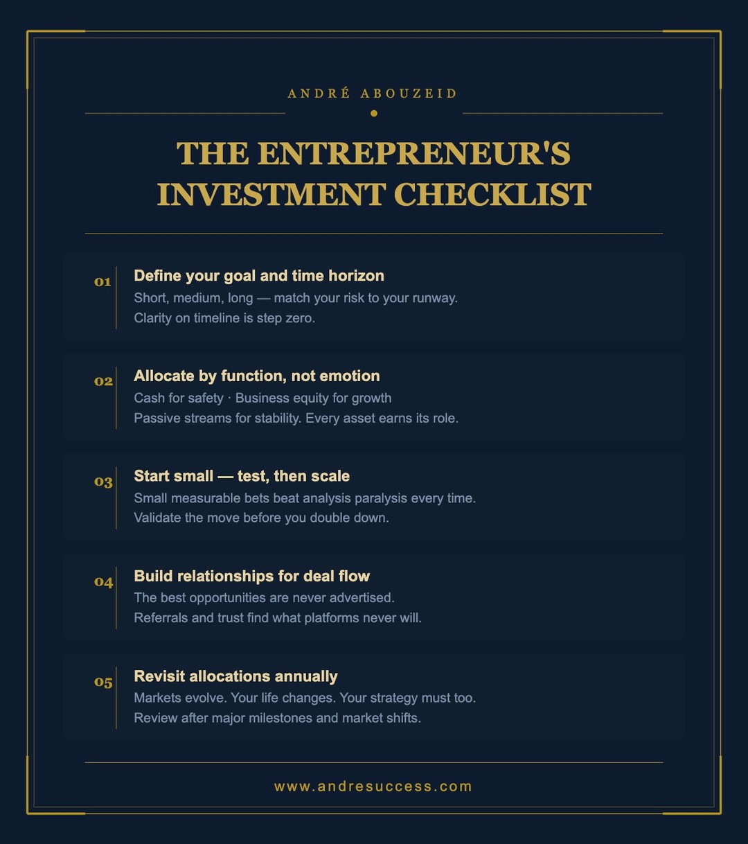 25 years. 65+ countries. One checklist that changes everything.
Here's how serious entrepreneurs build wealth that lasts:
✅ Step 1 — Know your destination. Define your goal and time horizon before investing a single dollar.
✅ Step 2 — Allocate by function. Cash = safety. Business equity = growth. Passive streams = stability.
✅ Step 3 — Start small, then scale. Beat analysis paralysis with small, measurable bets first.
✅ Step 4 — Build for deal flow. Your relationships are your best investment opportunities.
✅ Step 5 — Review annually. Your strategy should evolve as your life does.
Save this post. Share it with an entrepreneur who needs it today.
Learn more at www.andresuccess.com
#InvestmentChecklist #WealthBuilding #Entrepreneurship #PassiveIncome #FinancialFreedom #MultistreamIncome #WealthMindset #MoneyTips #EntrepreneurLife #BusinessTips #SuccessMindset #WealthWithoutBorders #AndreAbouzeid #DubaiEntrepreneur