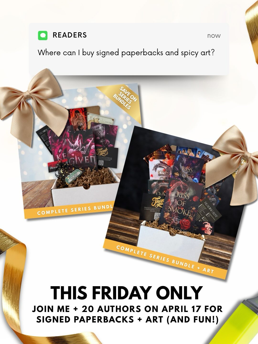 This Friday only! Join me and 20 other amazing authors for a virtual book signing 😍 You can shop series bundles, character art, special editions, and more ❤️ I’ll be offering event exclusive coupons 😱
💕 The first 30 people to order from my store will receive a FREE Dragon Lairds tote bag 💃🏼🔥
👉🏻 Comment “link” below and I’ll send you the link to the Facebook group
👉🏻 Or just click the link in my bio 😉